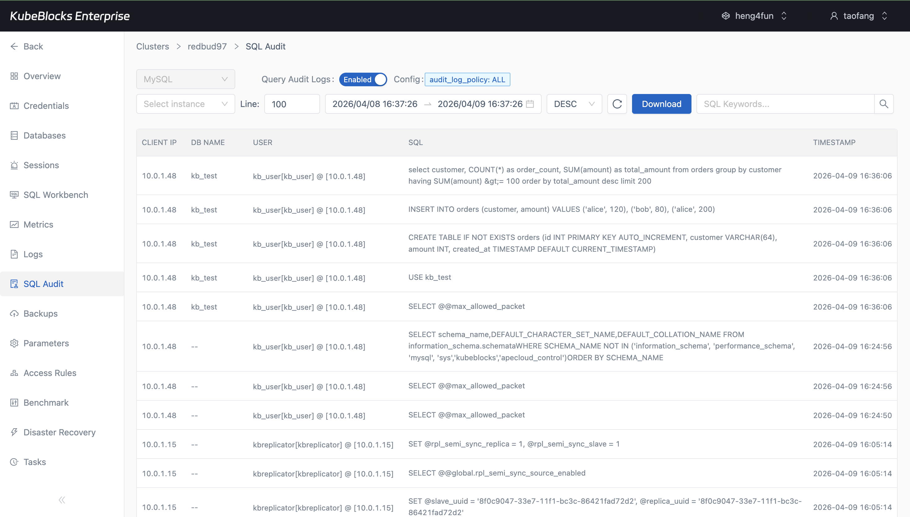 KubeBlocks Enterprise MySQL SQL audit page showing executed SQL statements and users