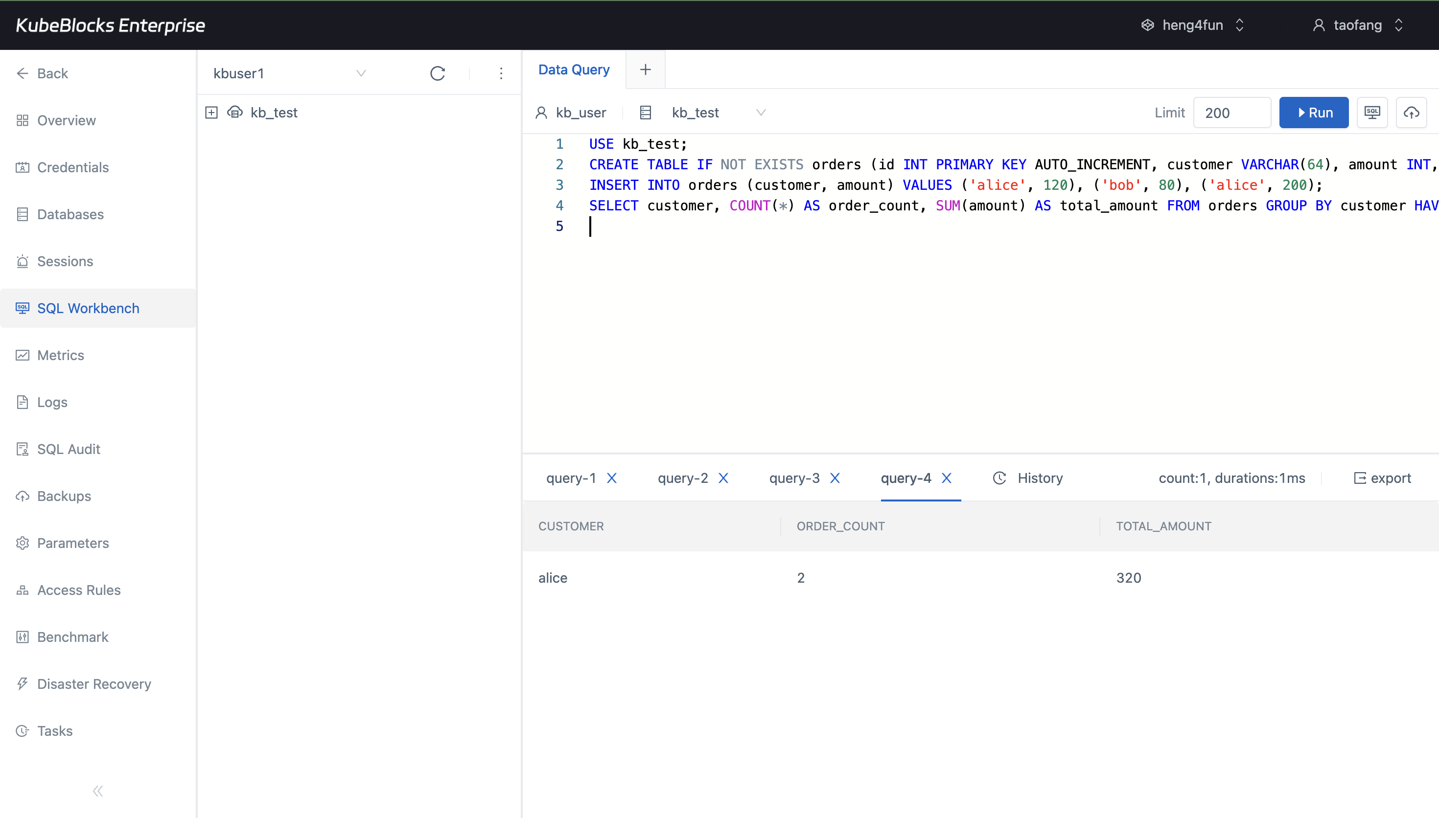 KubeBlocks Enterprise MySQL SQL Workbench showing queries and result rows