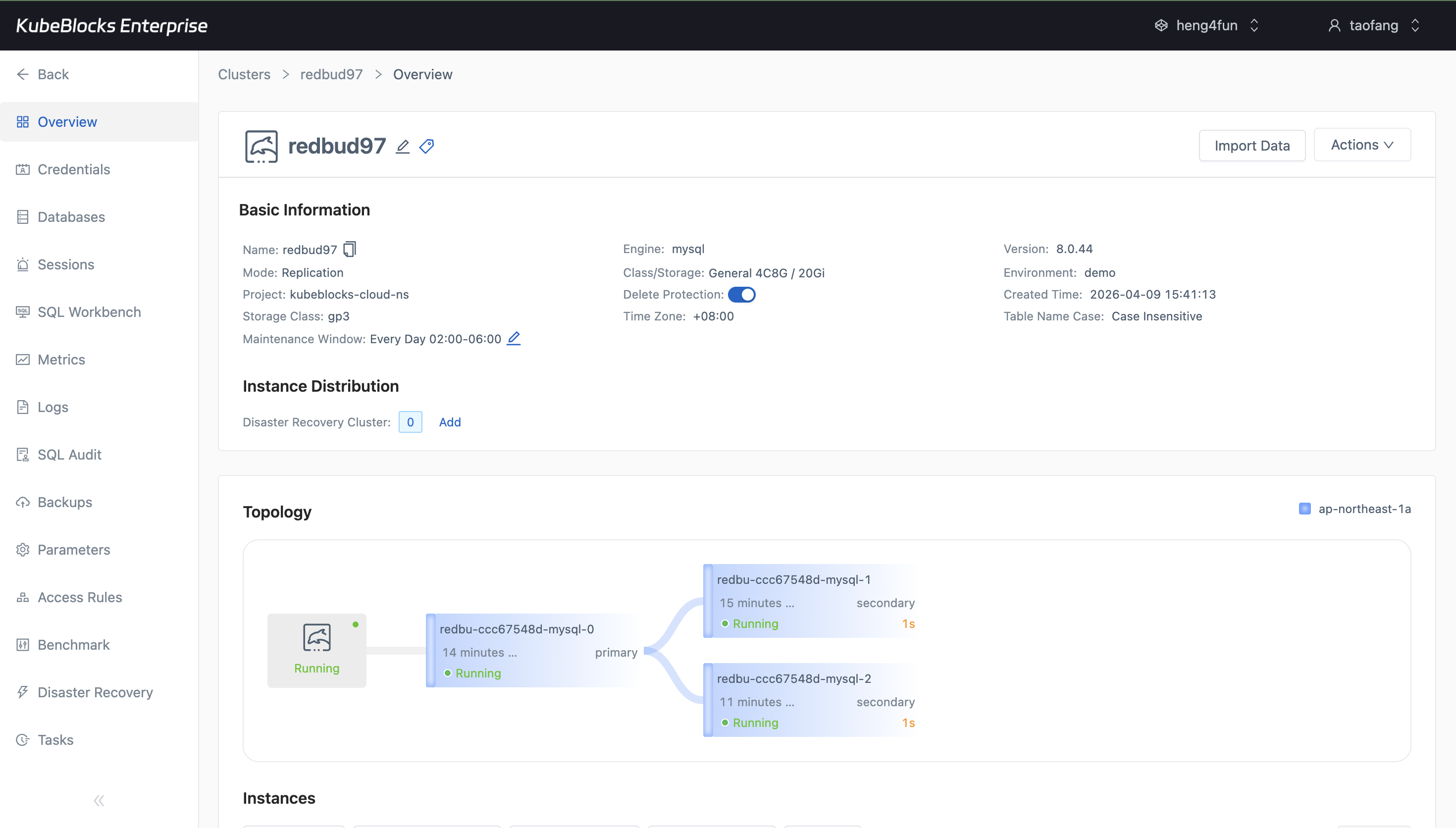 KubeBlocks Enterprise MySQL overview showing primary and secondary nodes after switchover