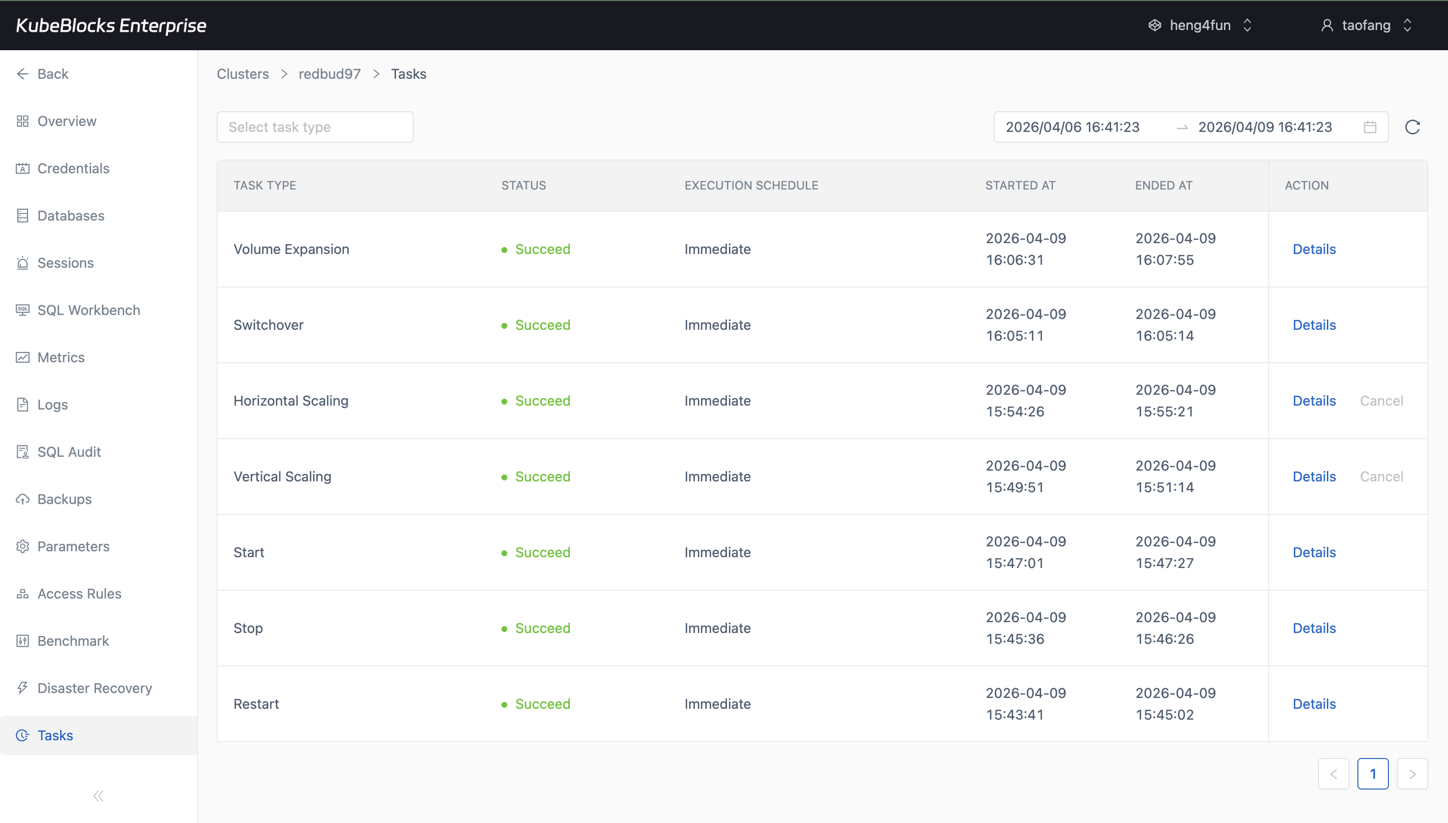 KubeBlocks Enterprise MySQL tasks page listing restart, scaling, switchover, and other operations