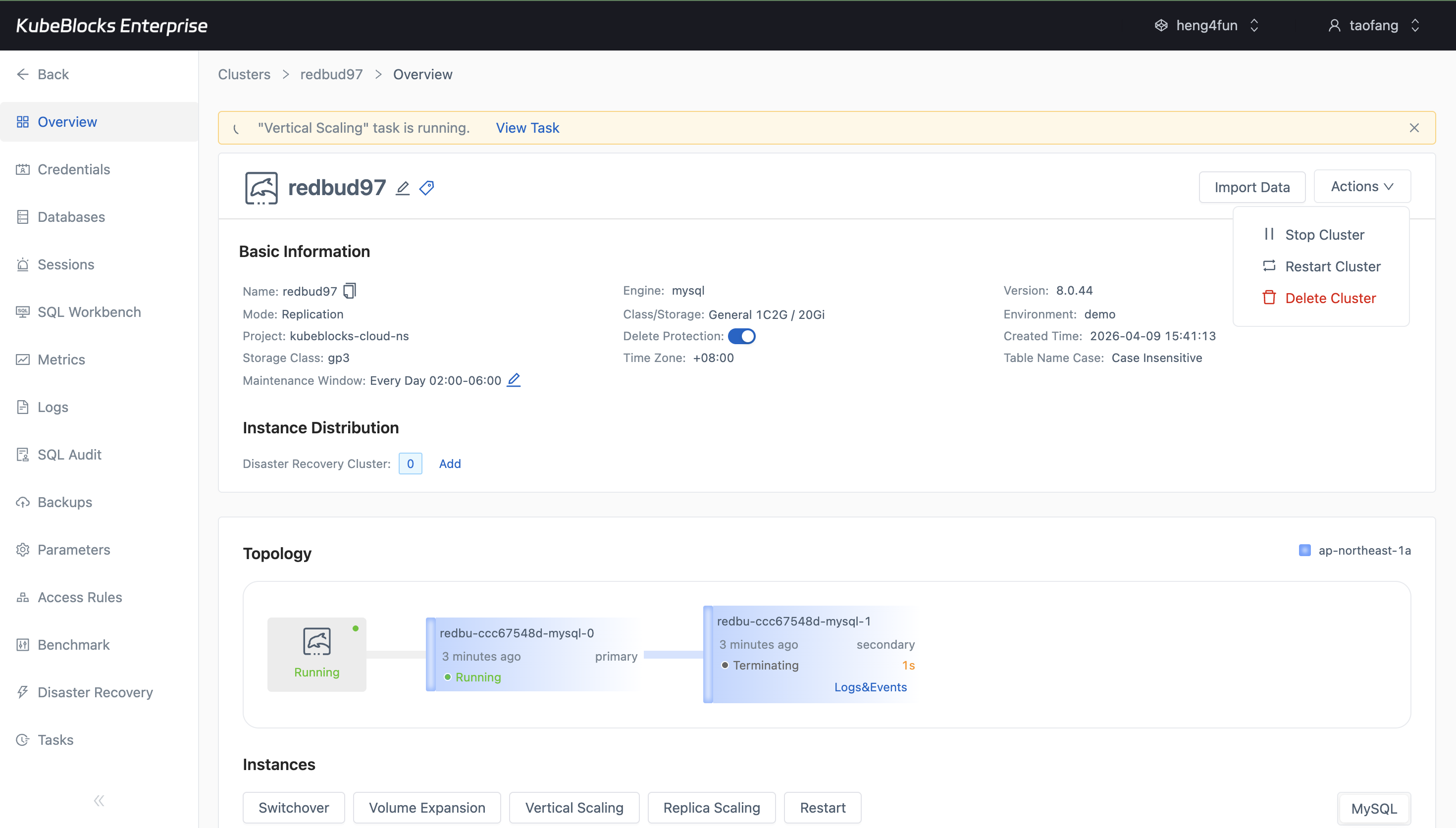 KubeBlocks Enterprise MySQL overview showing a vertical scaling task in progress