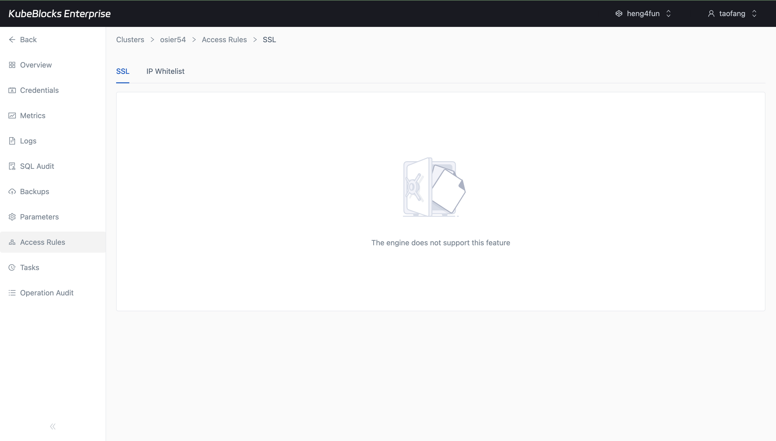 KubeBlocks Enterprise Oracle Access Rules page showing SSL and IP Whitelist tabs with unsupported state