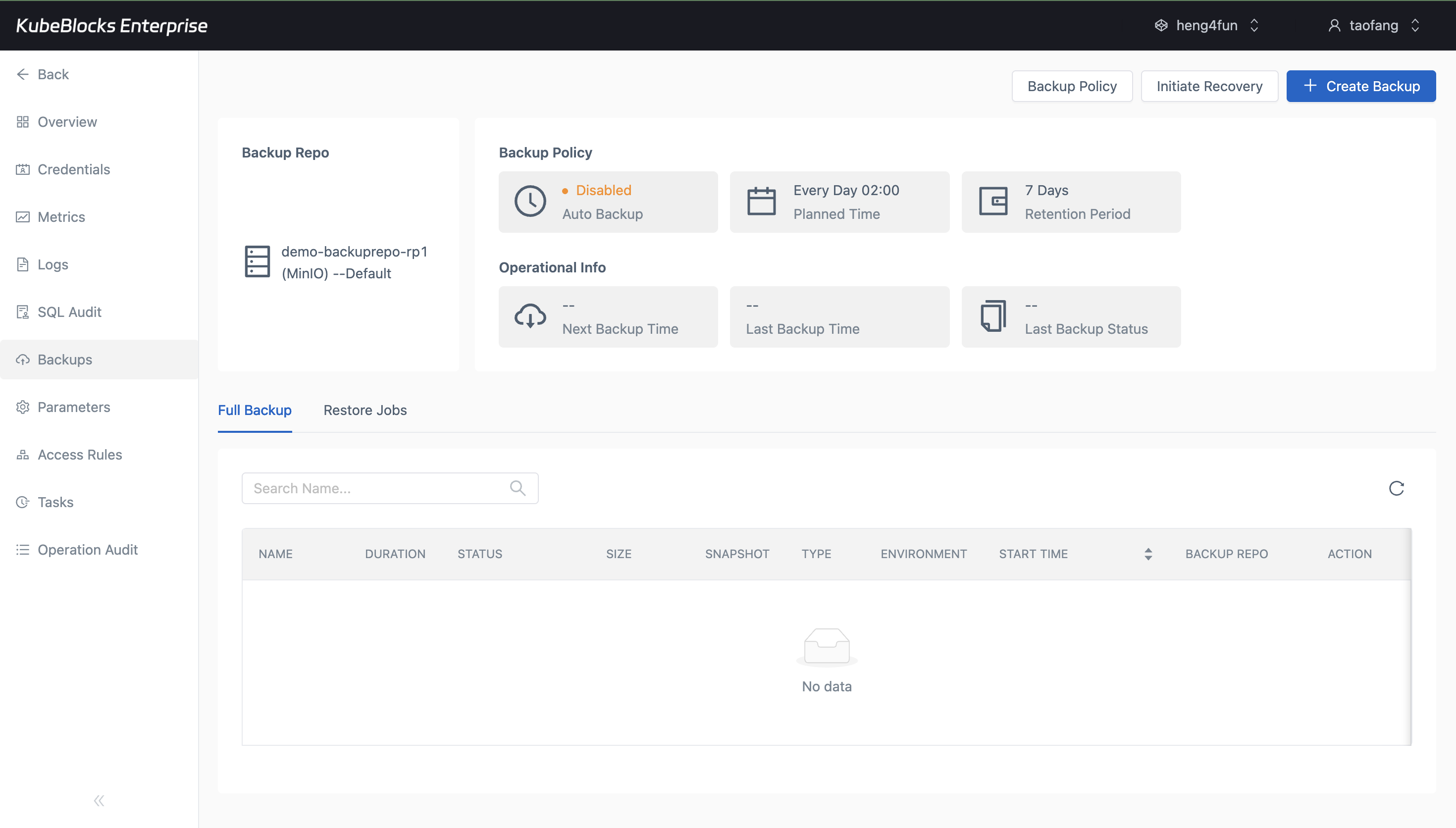 KubeBlocks Enterprise Oracle Backups page showing the backup workflow blocked from progressing
