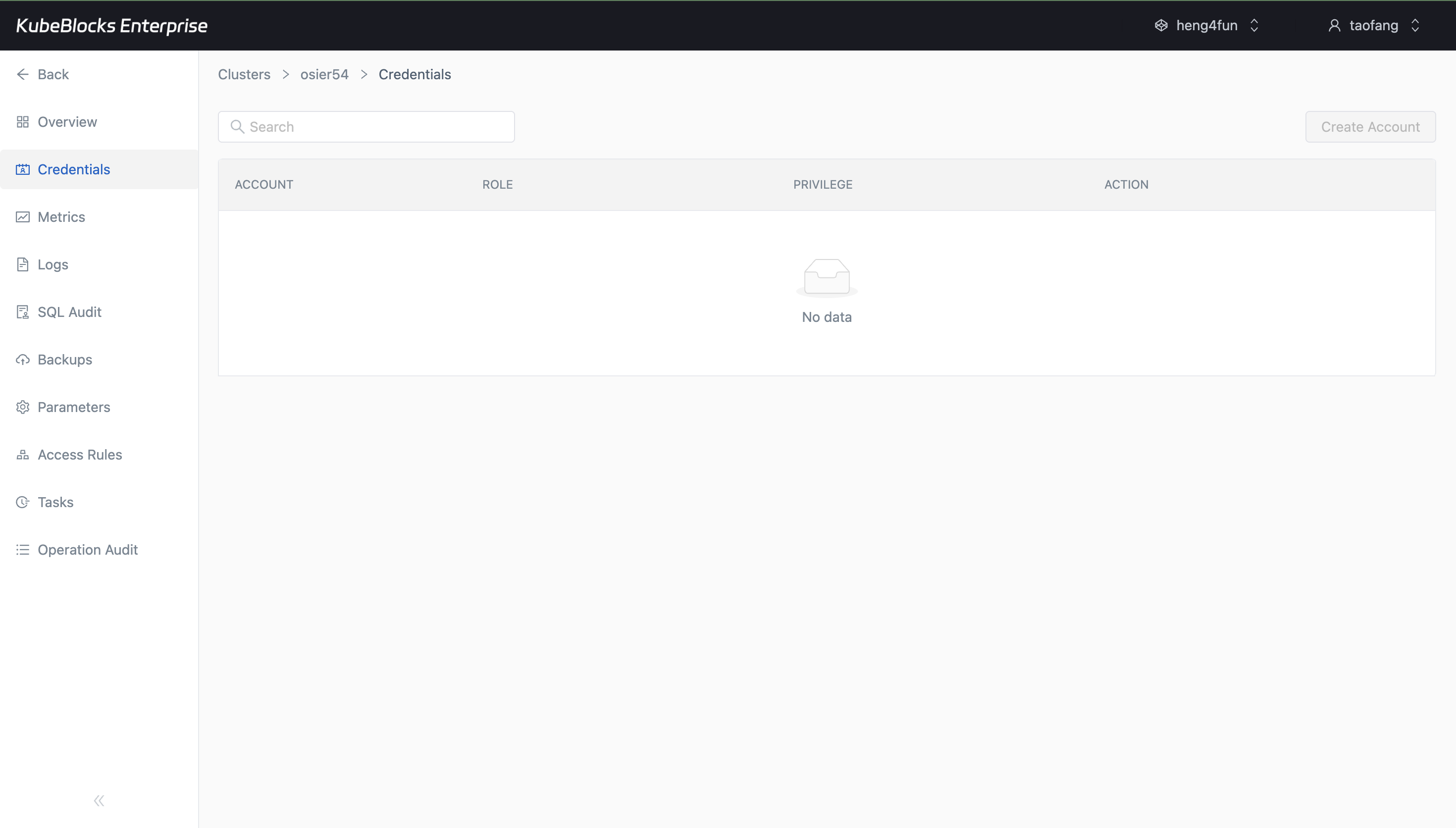 KubeBlocks Enterprise Oracle Credentials page showing a disabled Create Account button