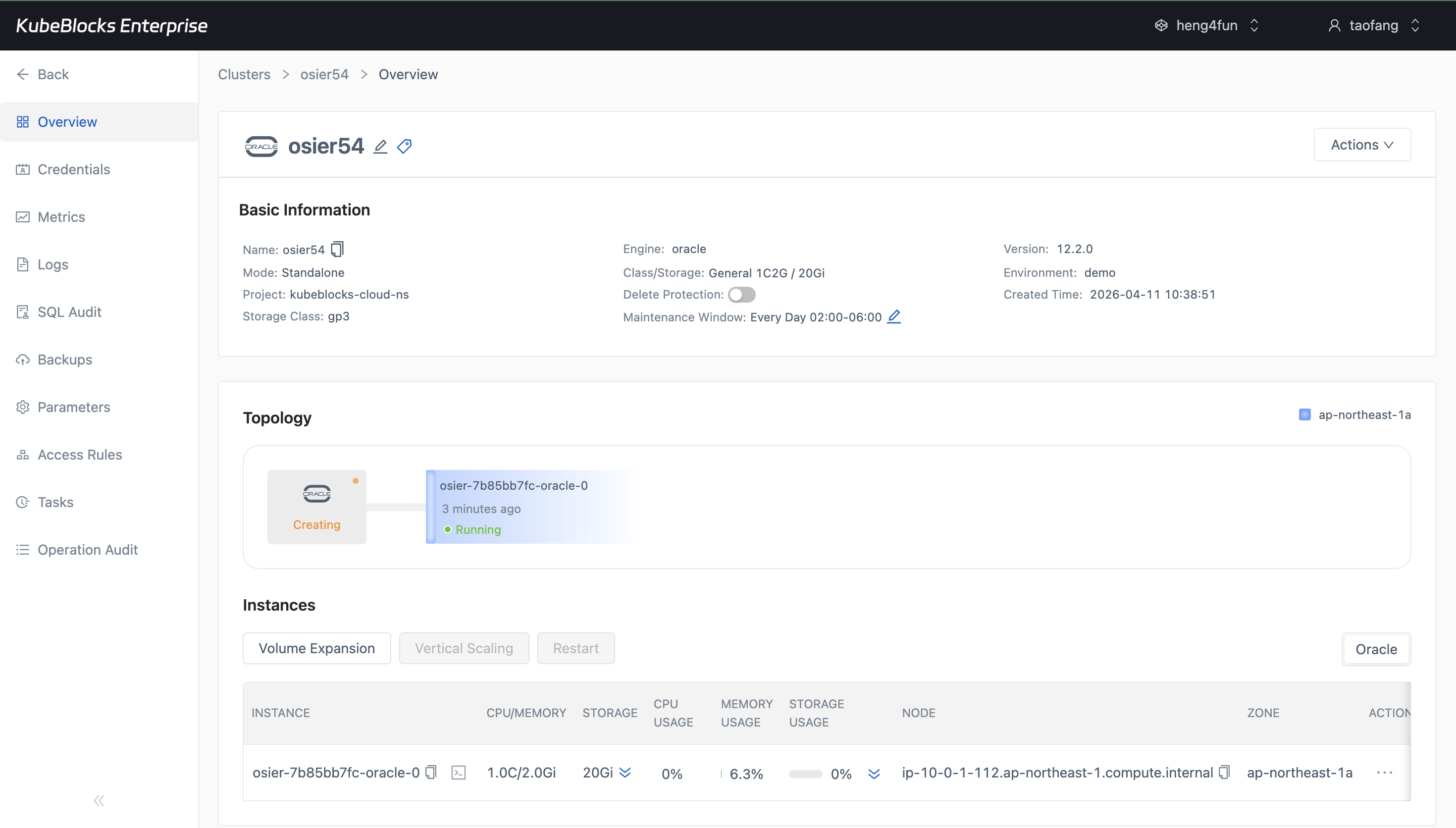 KubeBlocks Enterprise Oracle overview showing a running standalone Oracle cluster