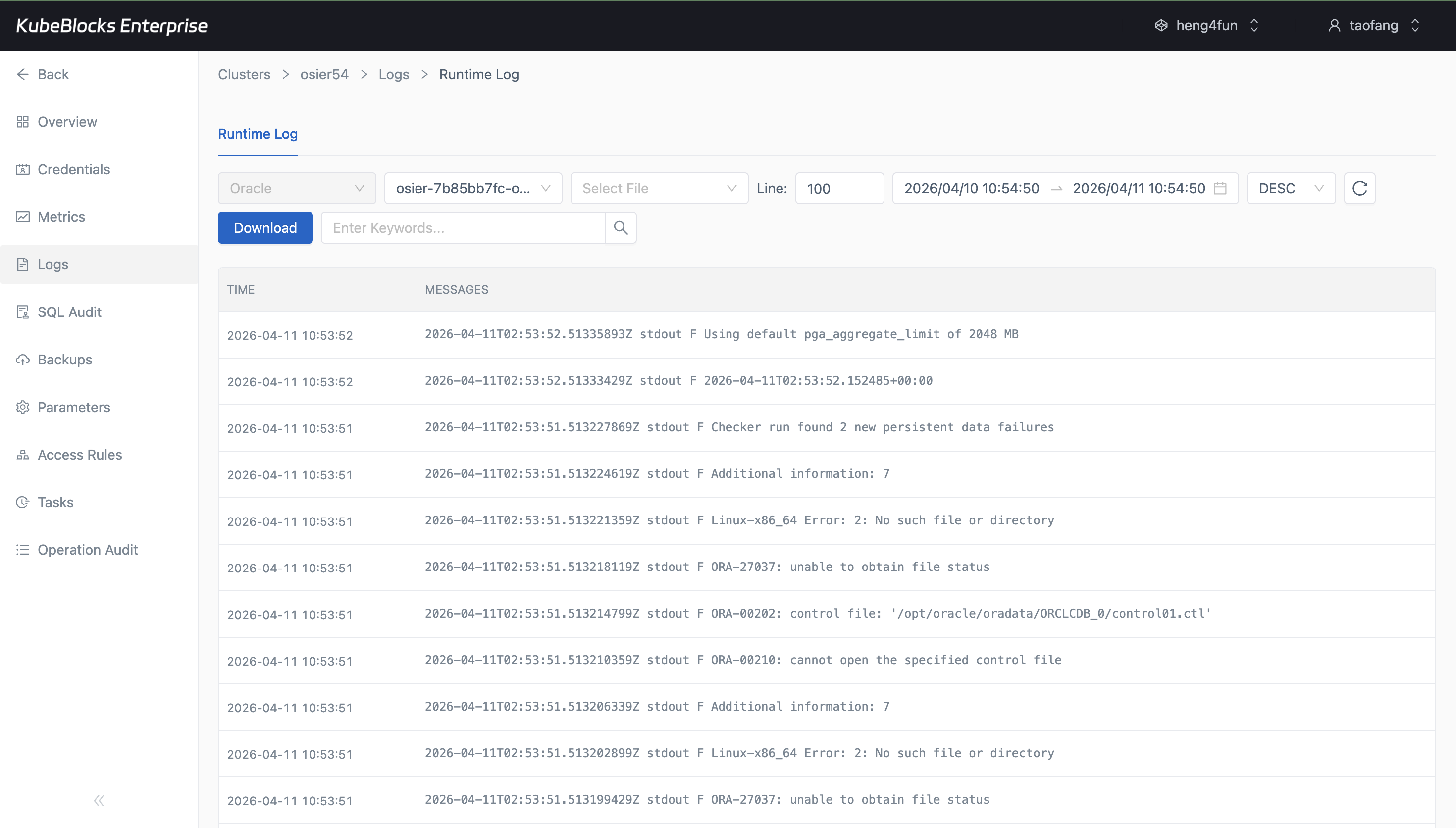 KubeBlocks Enterprise Oracle Runtime Log page showing real Oracle log output