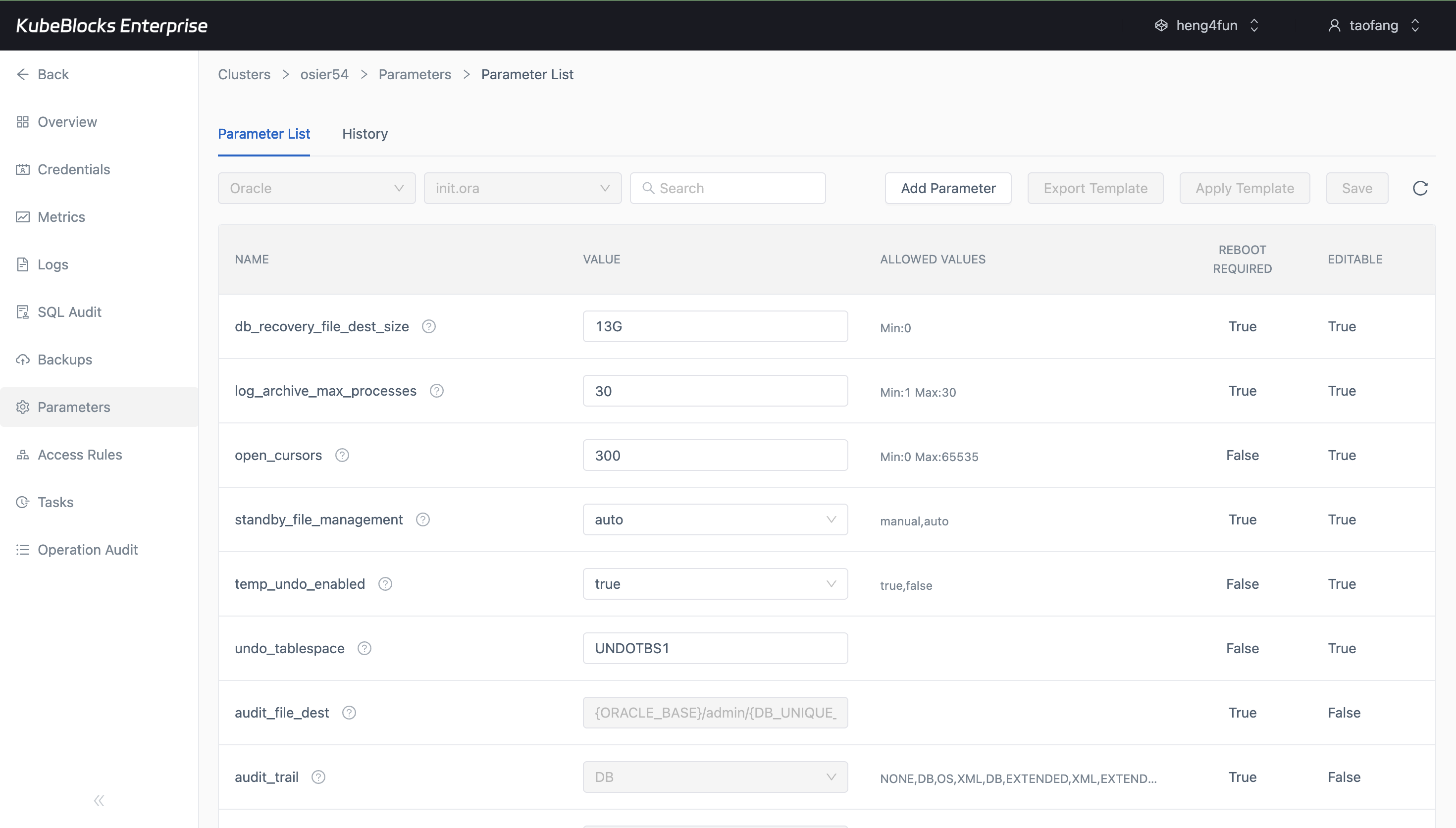 KubeBlocks Enterprise Oracle Parameters page showing no editable rows
