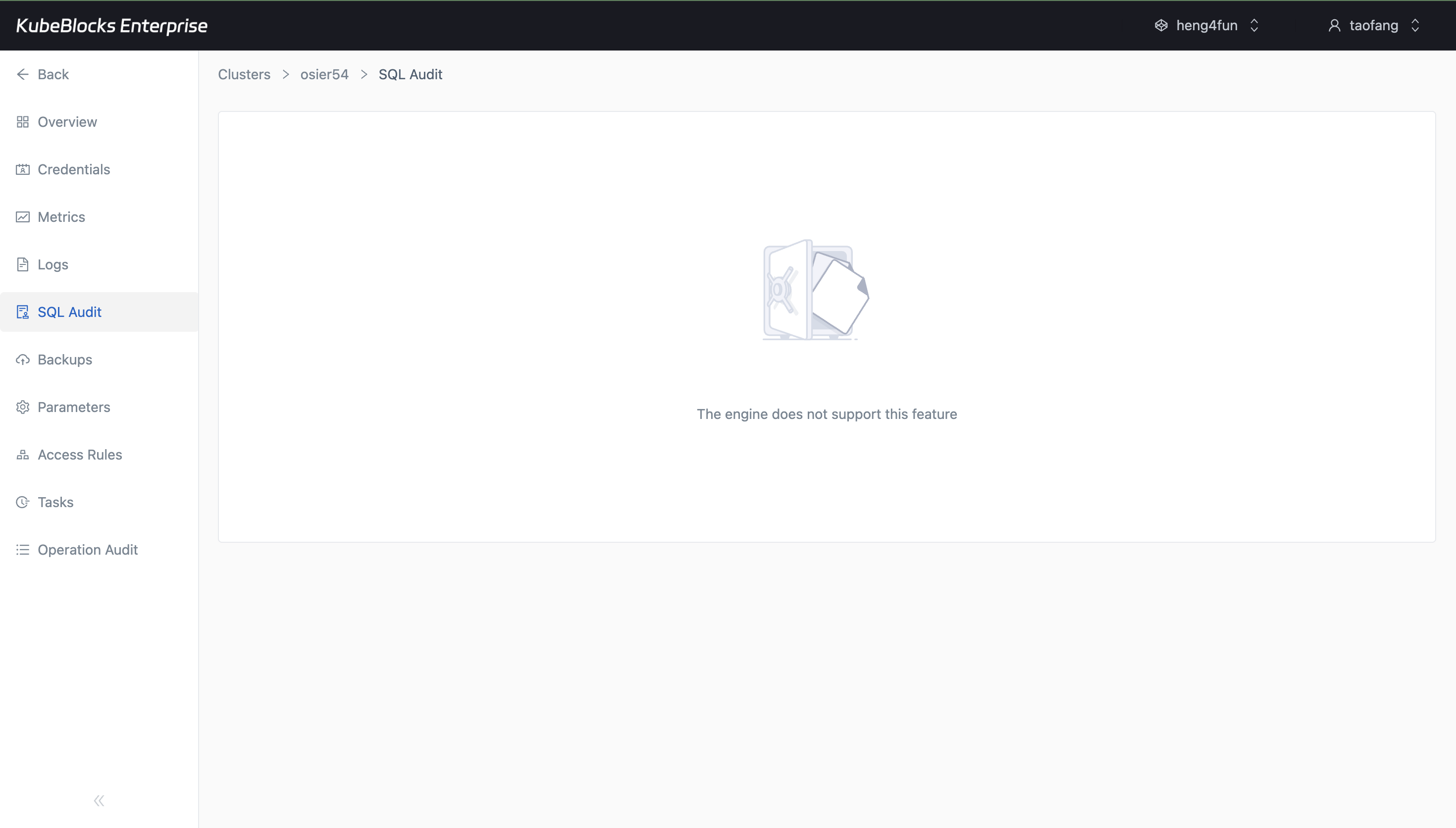 KubeBlocks Enterprise Oracle SQL Audit page showing unsupported state