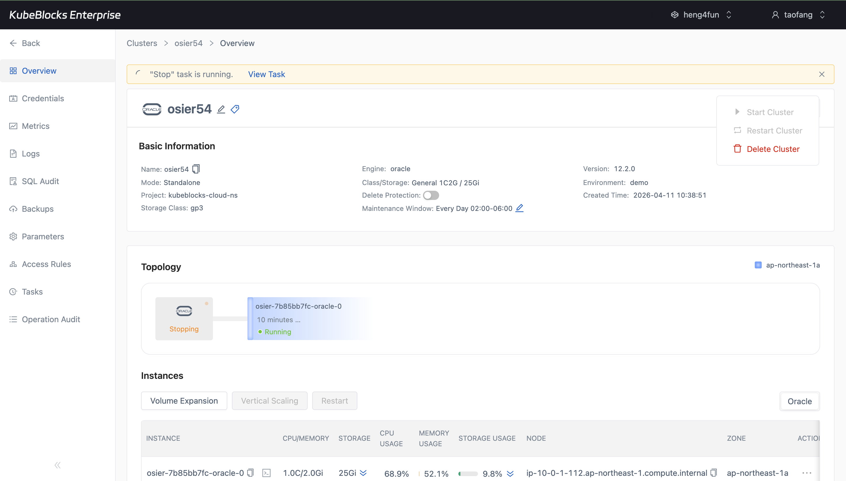 KubeBlocks Enterprise Oracle overview showing a stop task in progress