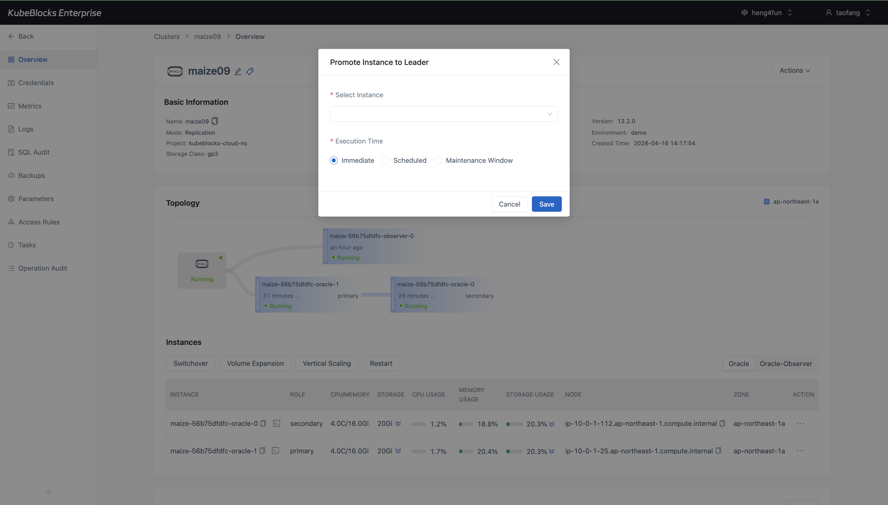 KubeBlocks Enterprise Oracle switchover dialog showing the target instance selector and execution timing options