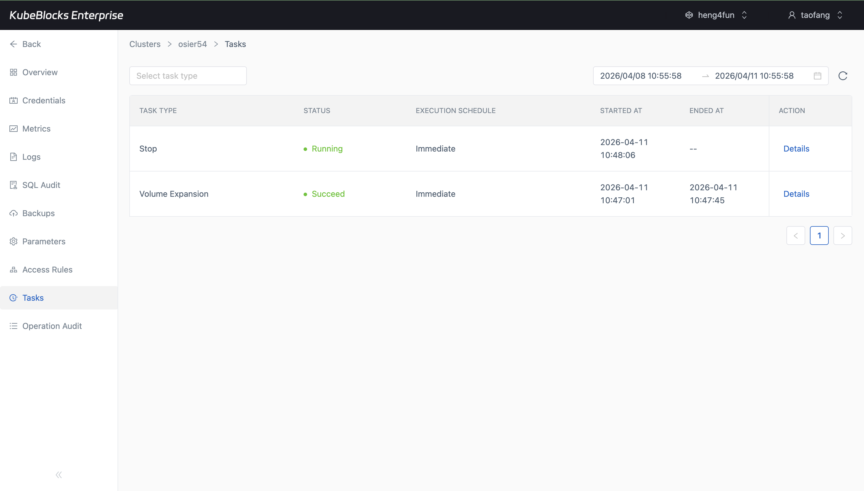 KubeBlocks Enterprise Oracle Tasks page showing volume expansion and stop task history