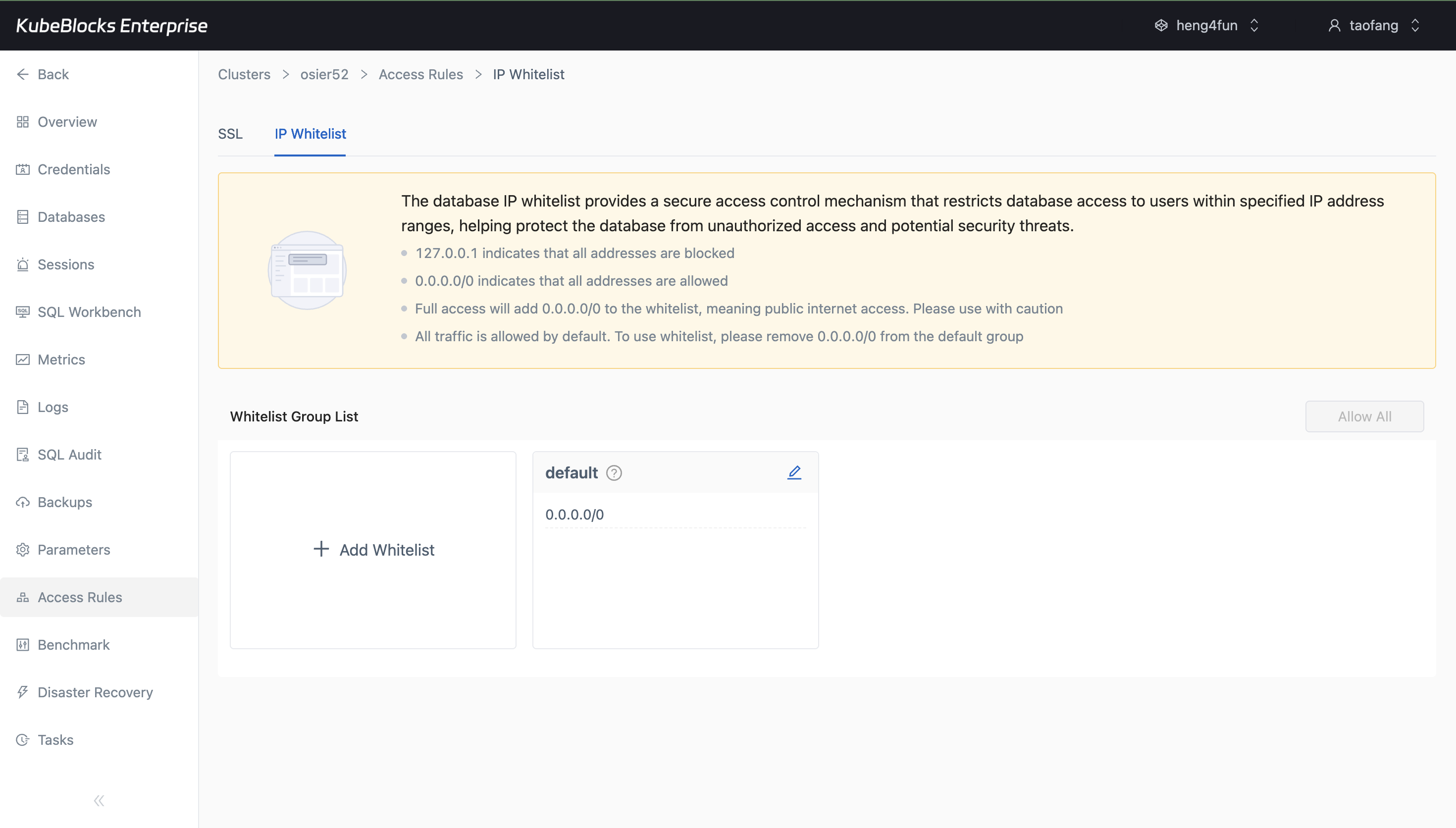 KubeBlocks Enterprise PostgreSQL access rules page showing connectivity settings and whitelist rules