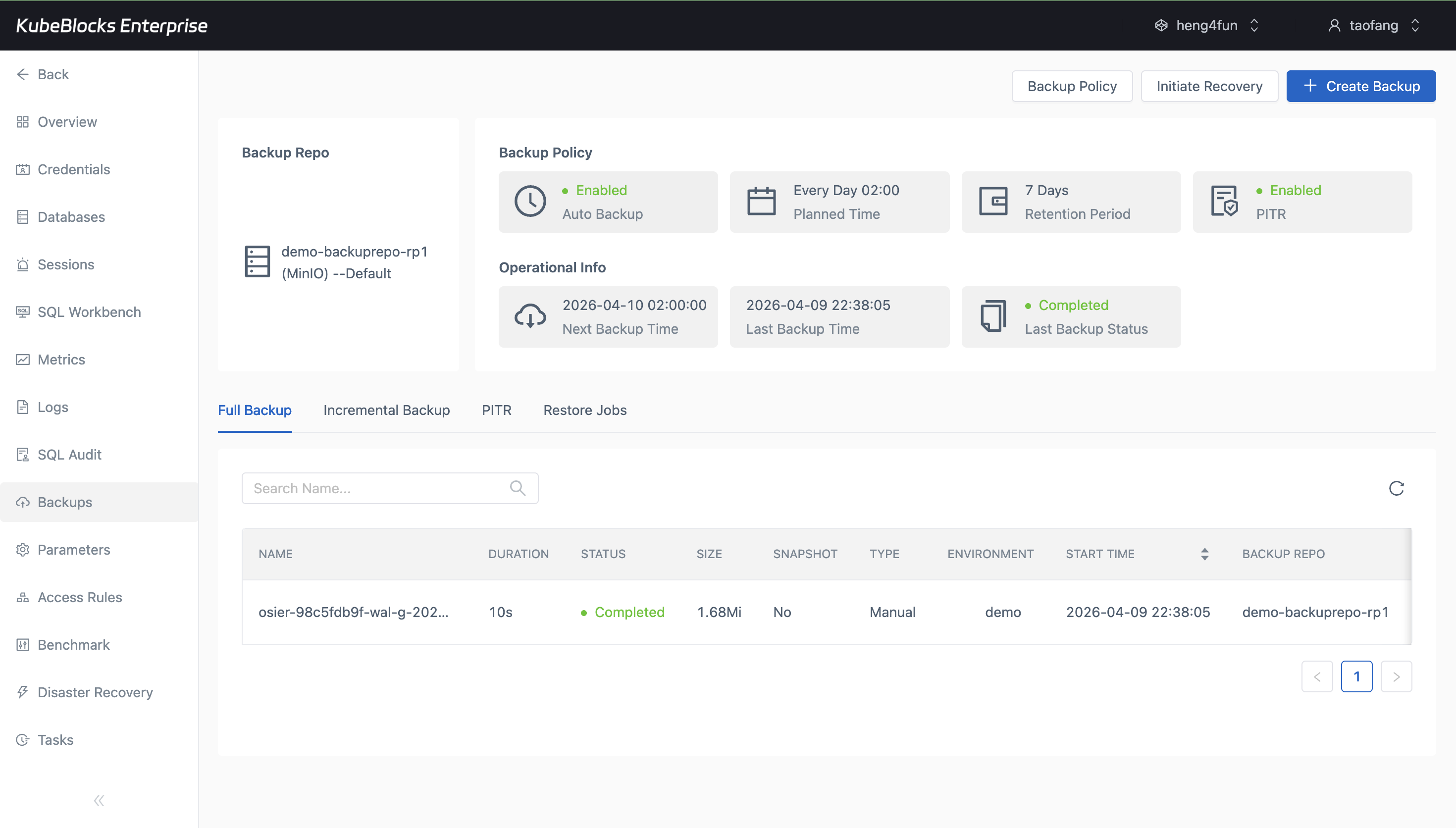 KubeBlocks Enterprise PostgreSQL backups page showing backup strategy and completed jobs