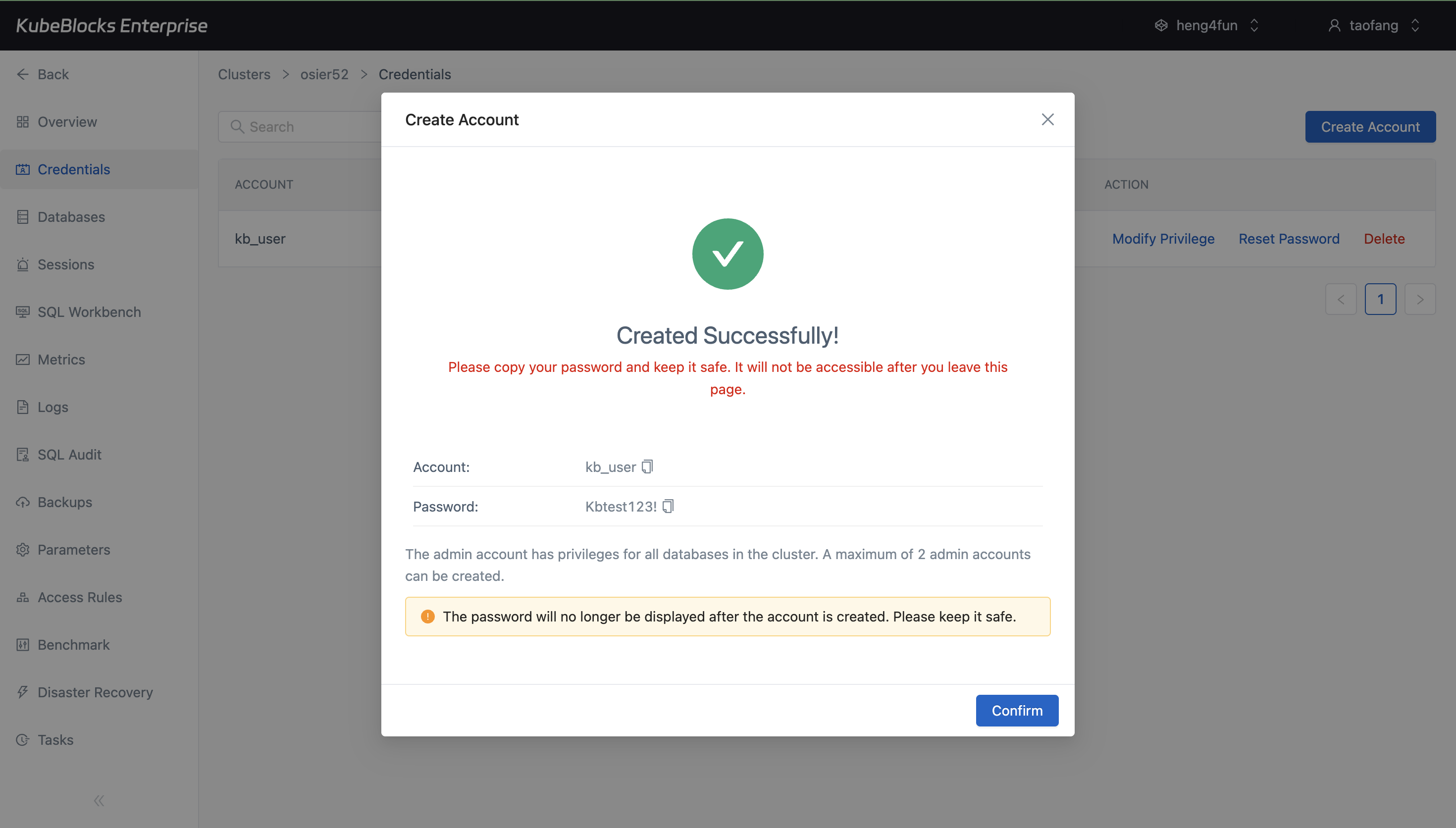 KubeBlocks Enterprise PostgreSQL credentials page showing a created user account