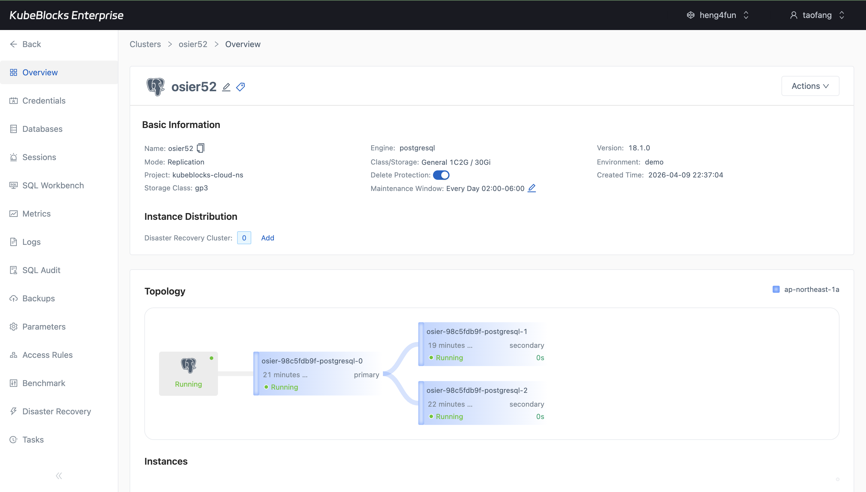 KubeBlocks Enterprise PostgreSQL overview showing horizontal scaling to more replicas