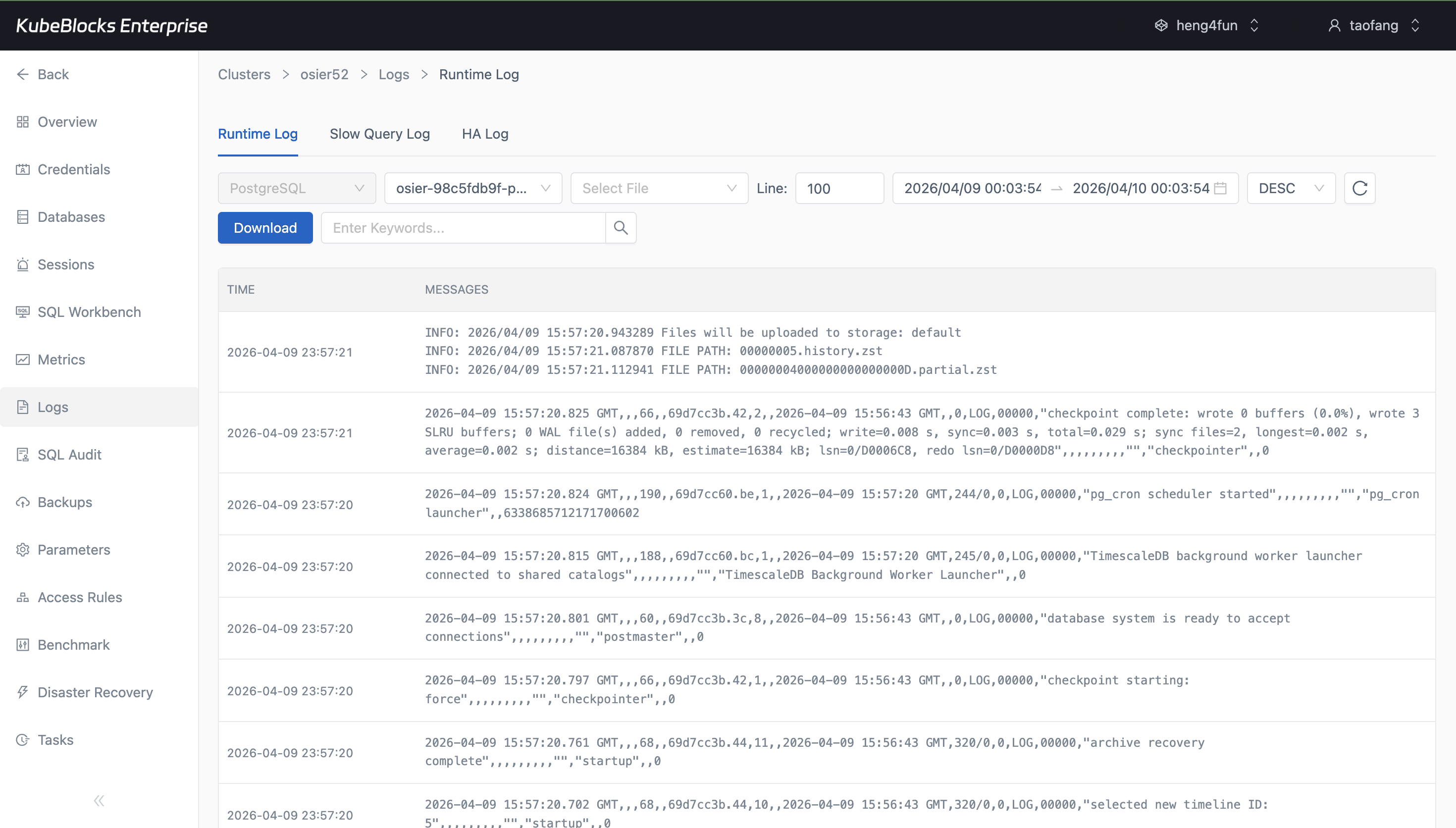 KubeBlocks Enterprise PostgreSQL logs page showing runtime log output