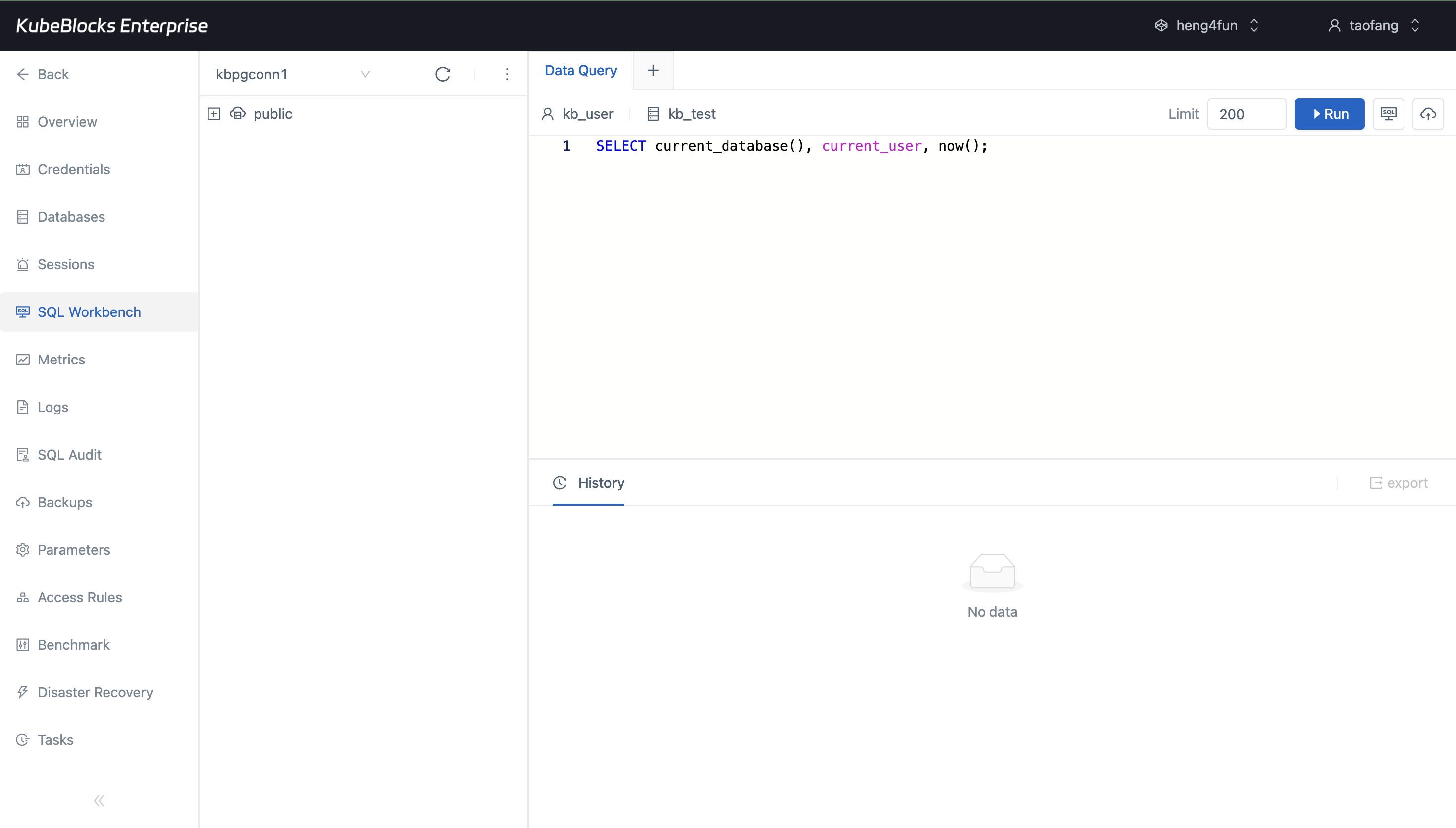 KubeBlocks Enterprise PostgreSQL Query Workbench showing executed SQL and result rows