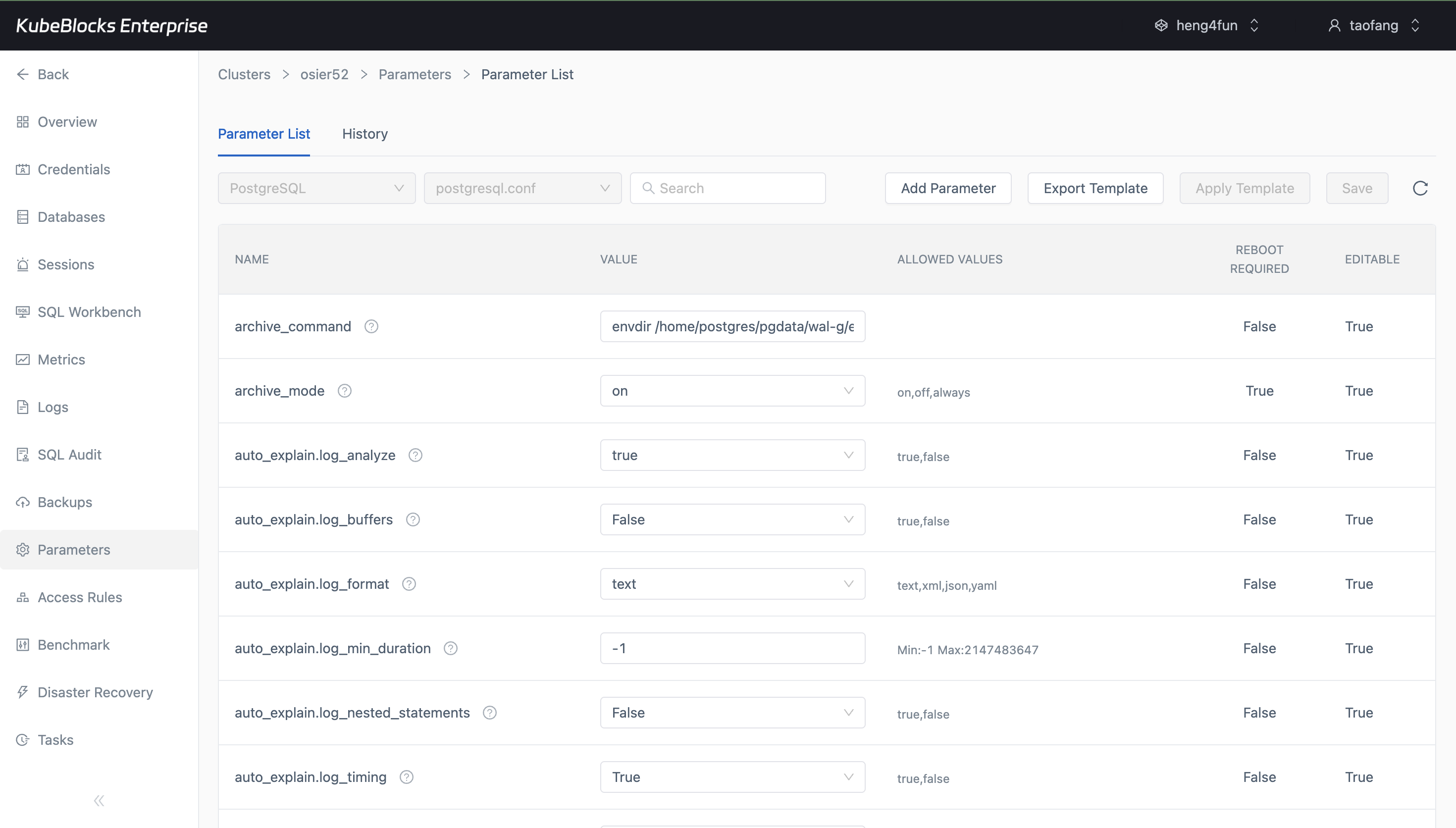 KubeBlocks Enterprise PostgreSQL parameters page showing a reconfiguration workflow