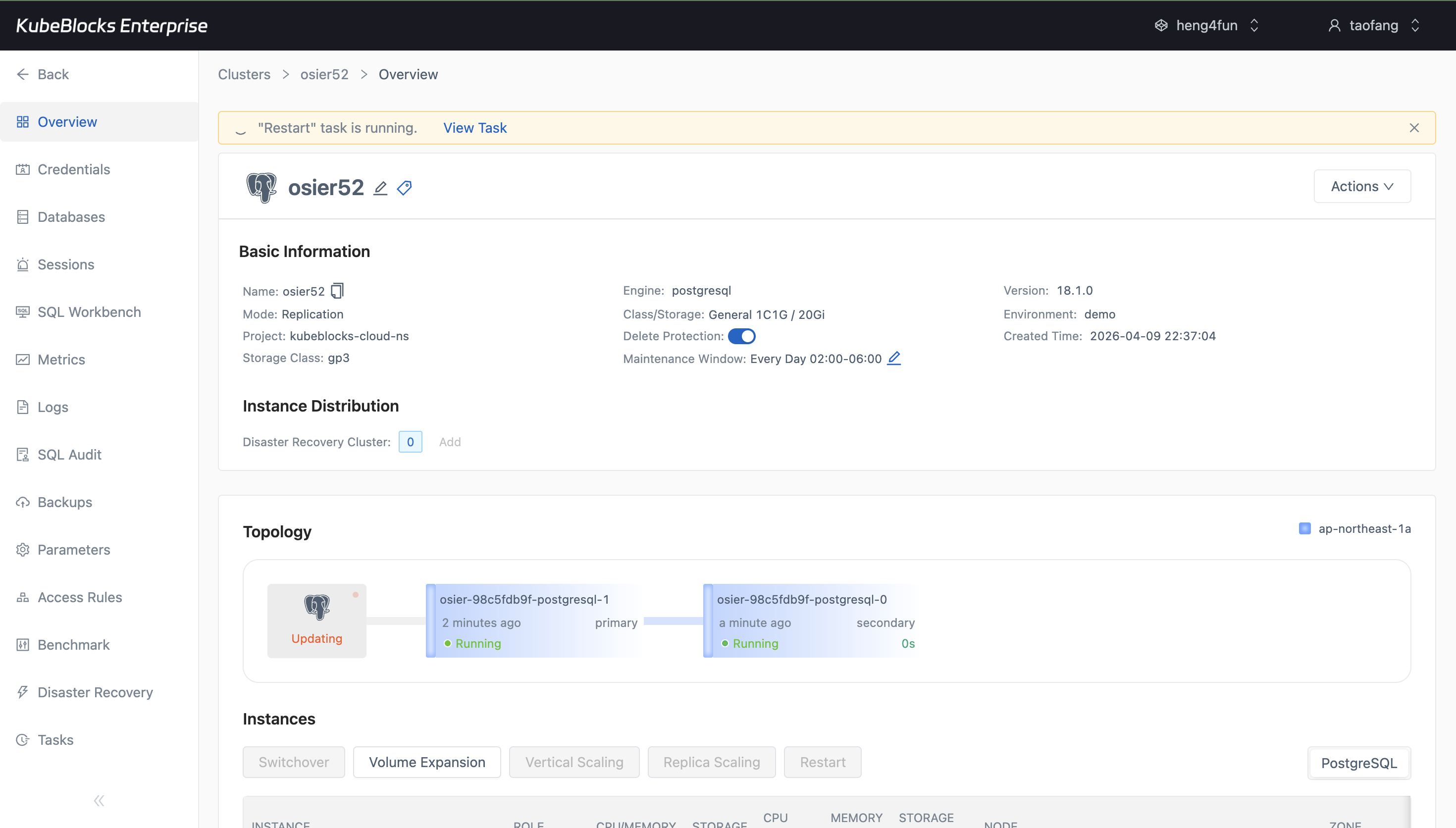 KubeBlocks Enterprise PostgreSQL overview showing a restart task in progress