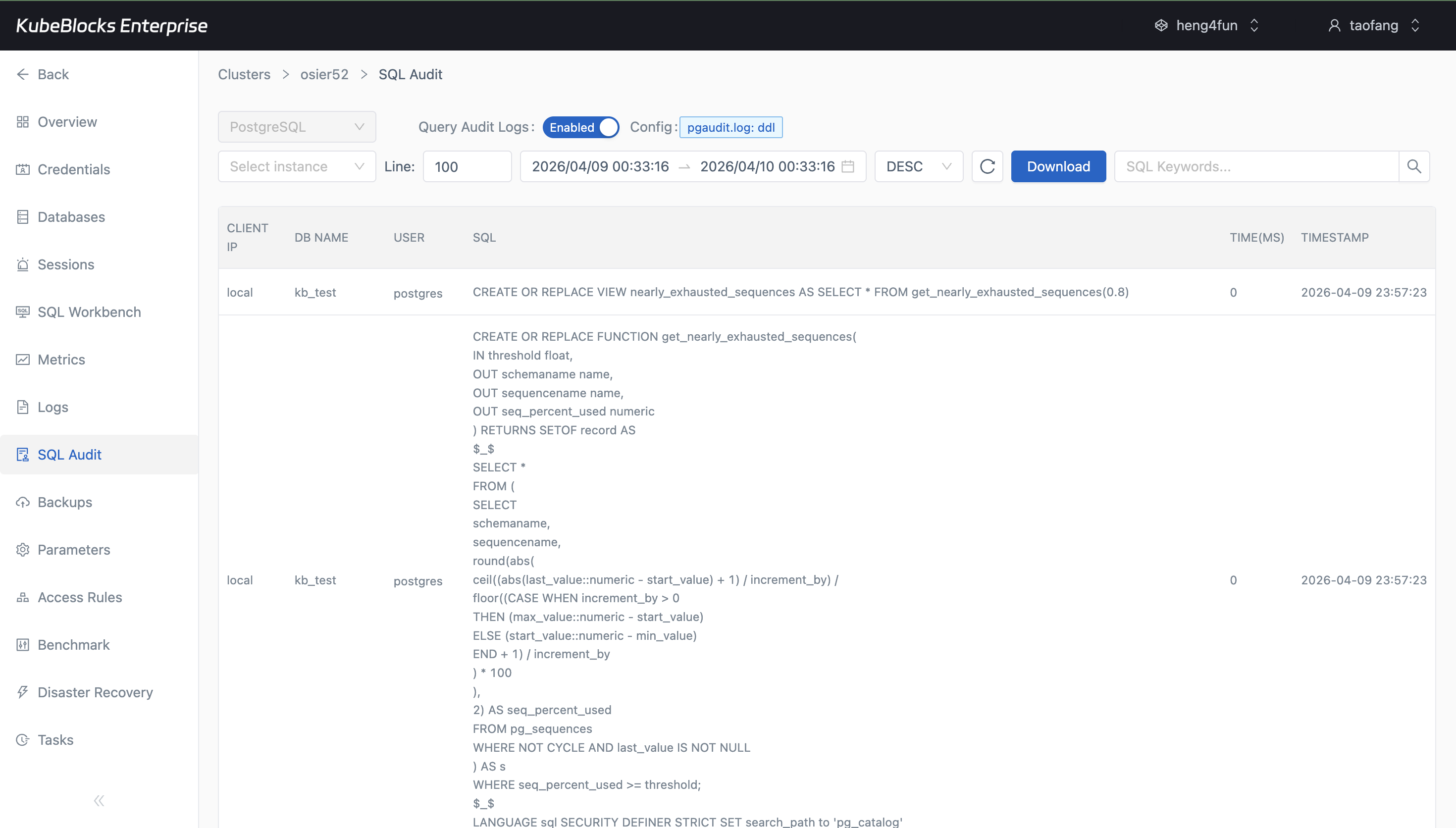 KubeBlocks Enterprise PostgreSQL SQL Audit page showing audit records