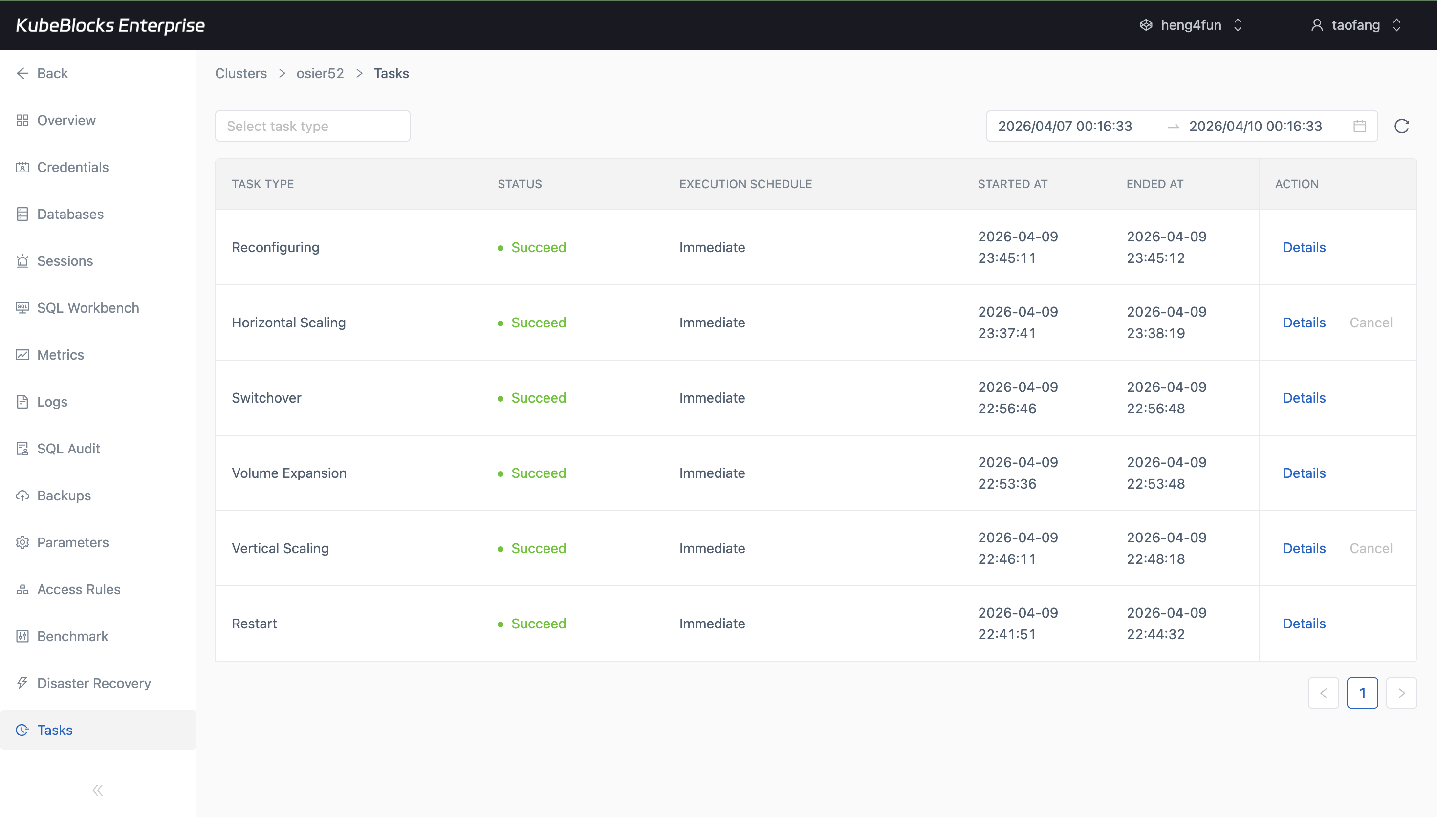KubeBlocks Enterprise PostgreSQL tasks page listing restart, scaling, and reconfiguration records