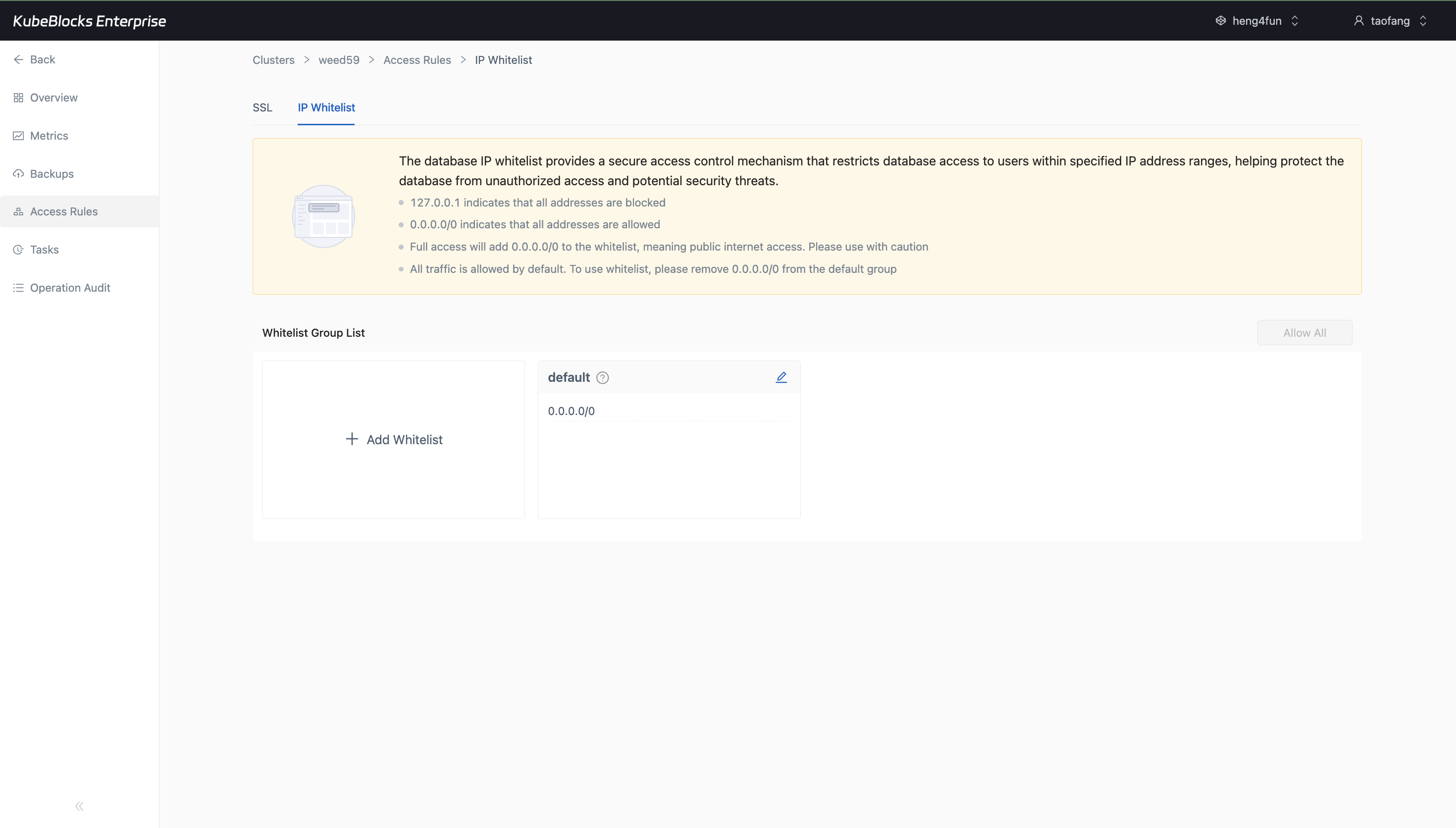 KubeBlocks Enterprise Qdrant Access Rules page showing the IP Whitelist tab and default whitelist group