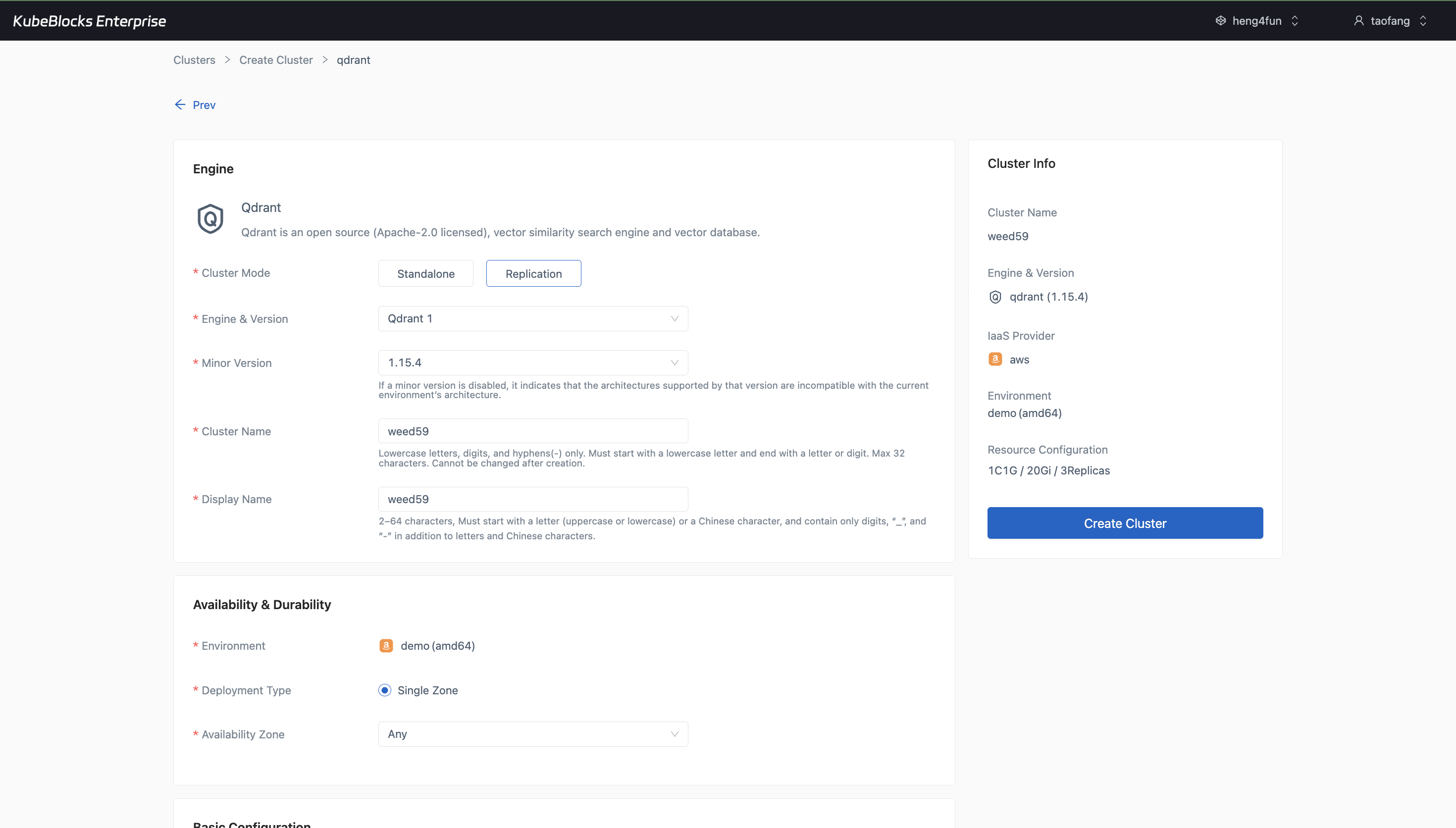 KubeBlocks Enterprise Qdrant create wizard showing replication mode, version, CPU and memory, storage, replicas, backup settings, and project placement