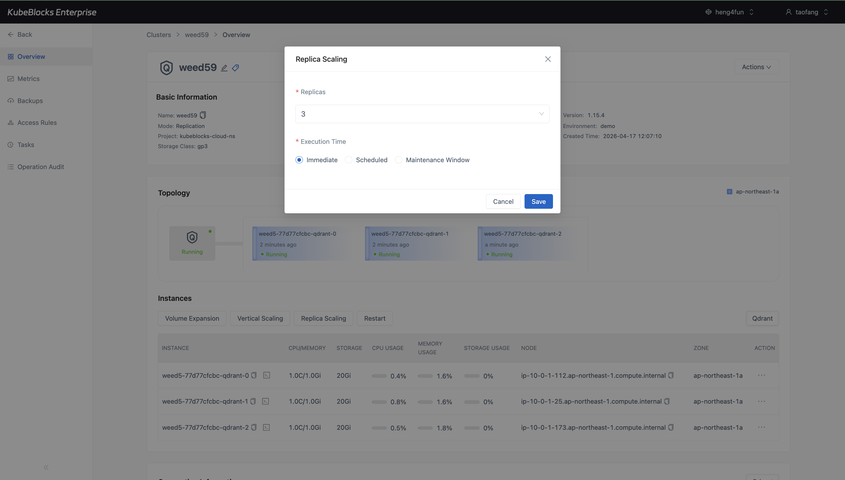 KubeBlocks Enterprise Qdrant Horizontal Scaling dialog showing the current replica count and execution timing options