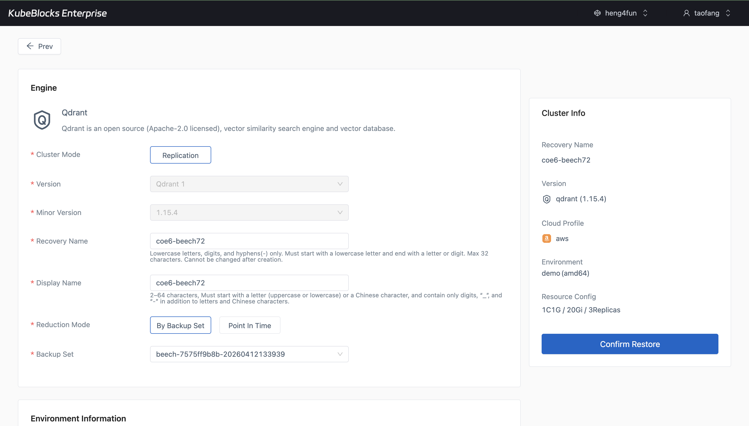 KubeBlocks Enterprise Qdrant restore wizard showing recovery configuration from a backup set