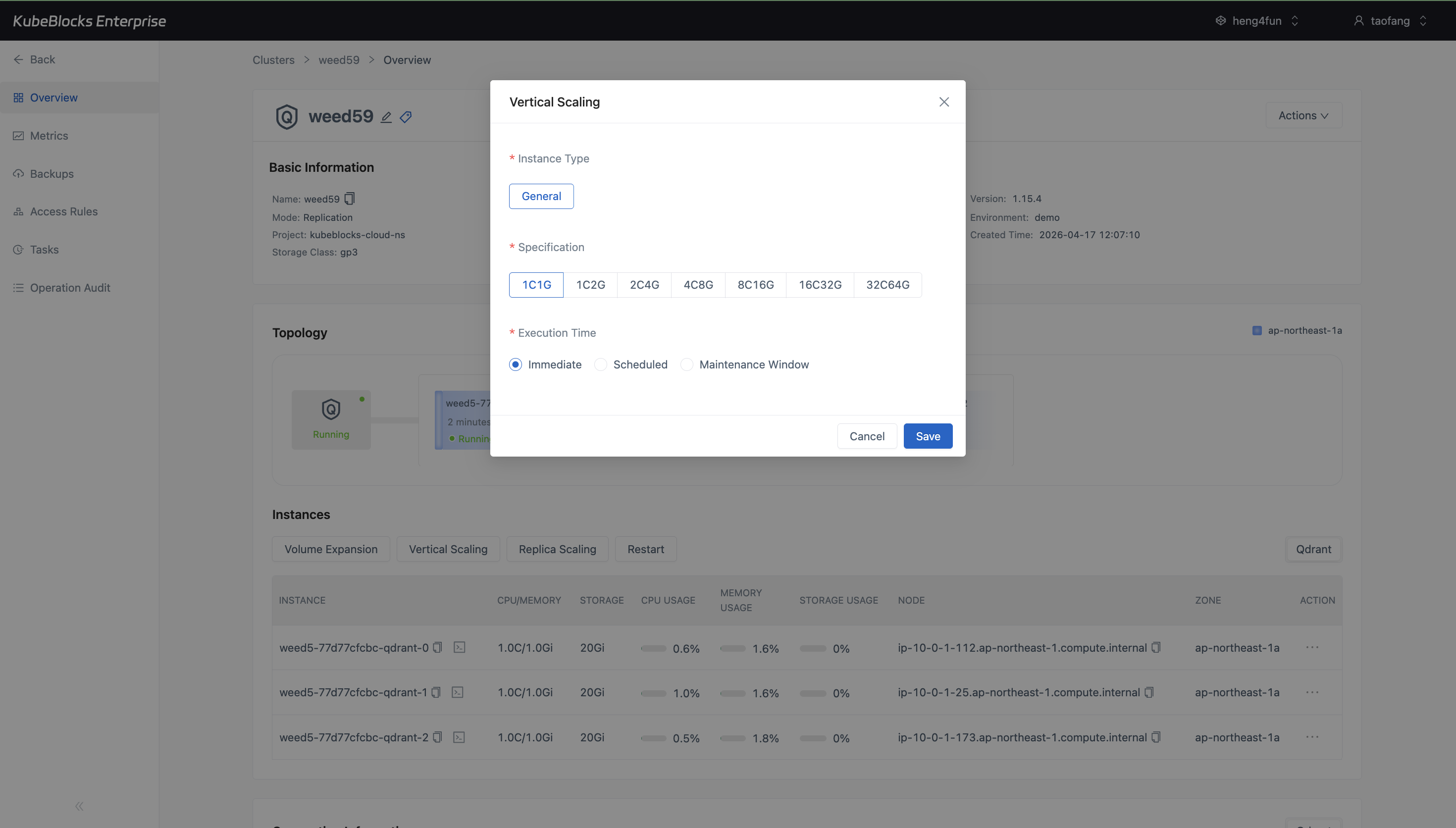 KubeBlocks Enterprise Qdrant Vertical Scaling dialog showing CPU and memory specification options