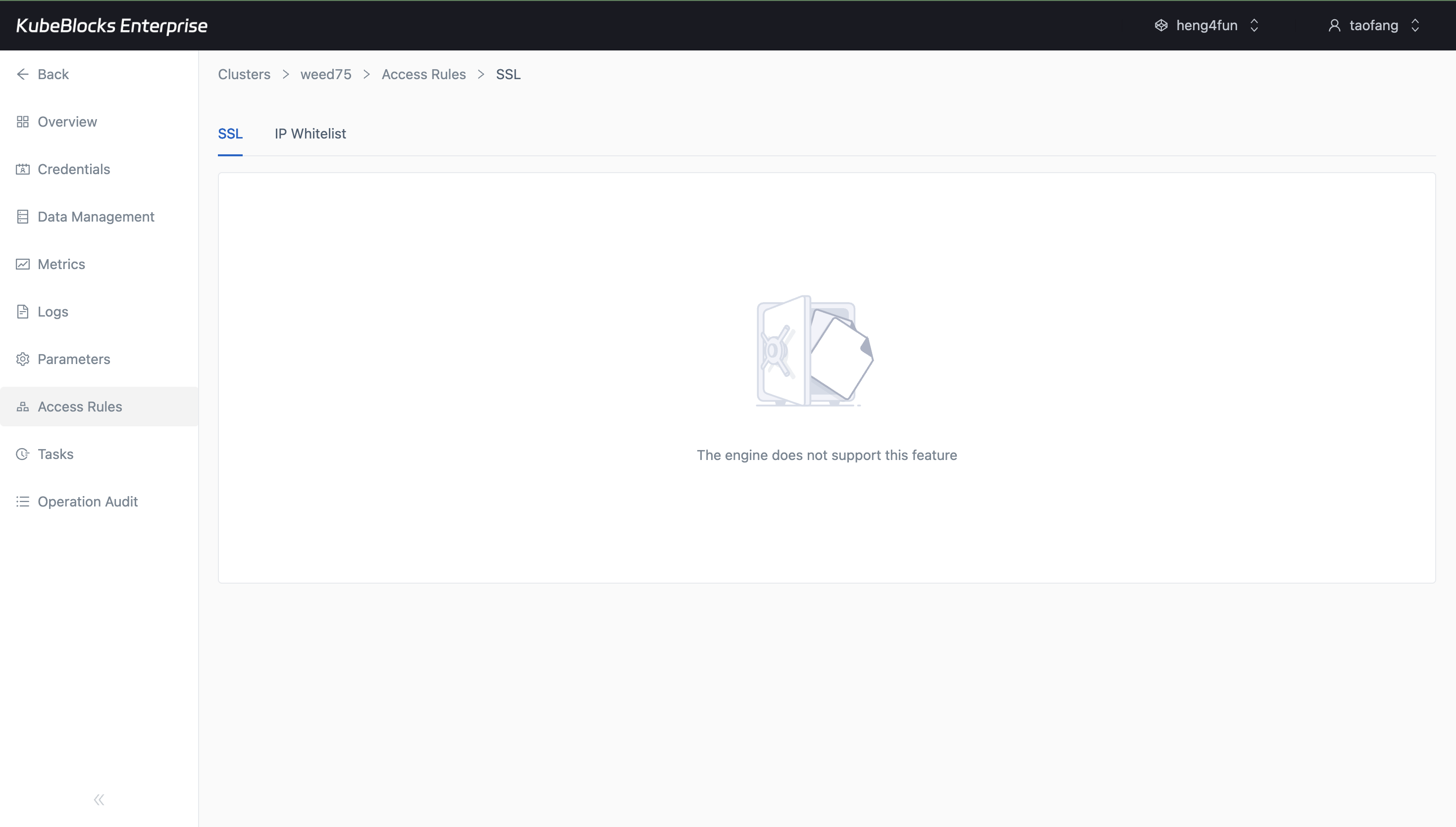 KubeBlocks Enterprise RabbitMQ Access Rules page showing SSL, IP Whitelist, and unsupported notice