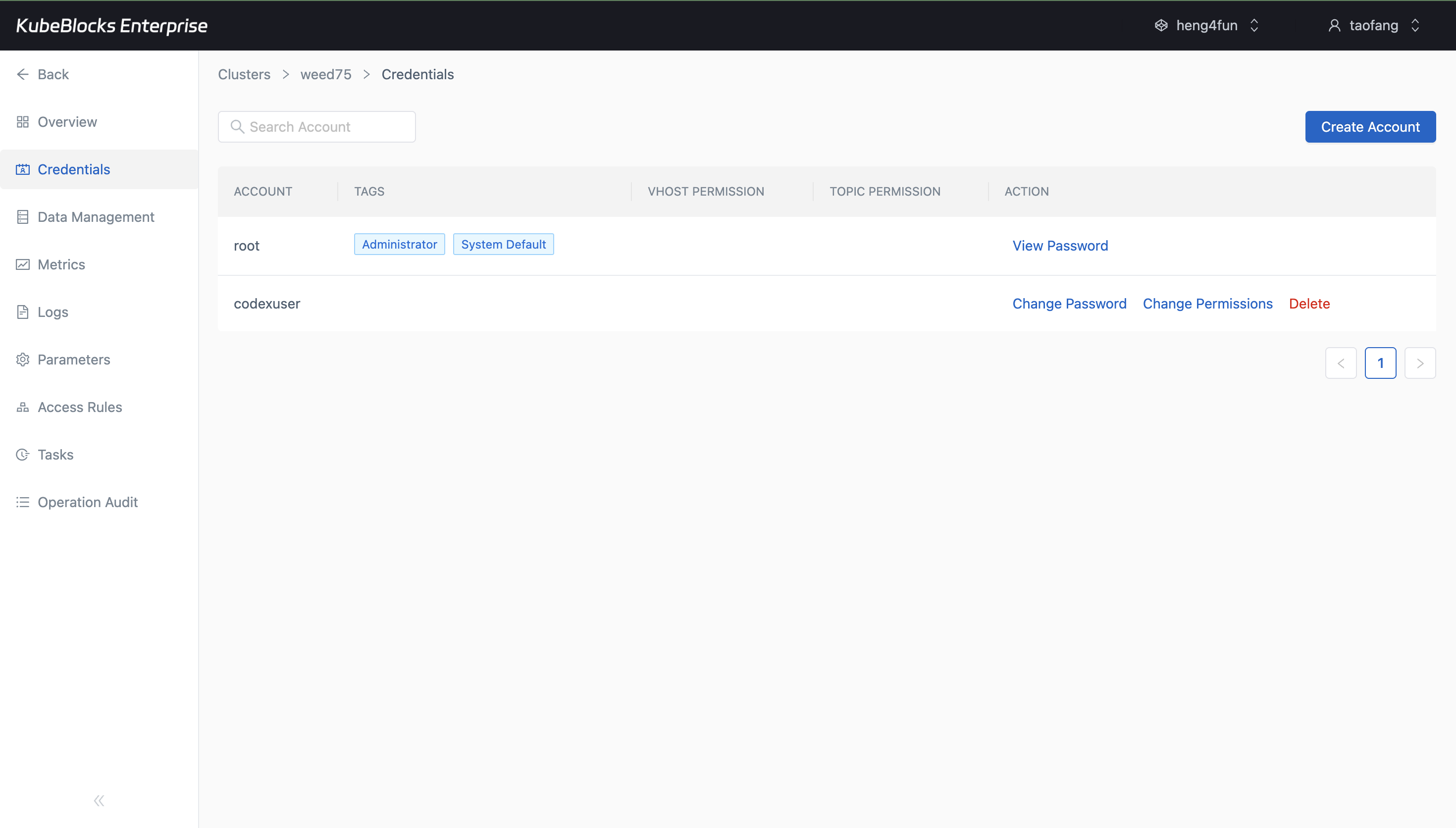 KubeBlocks Enterprise RabbitMQ Credentials page showing a created account