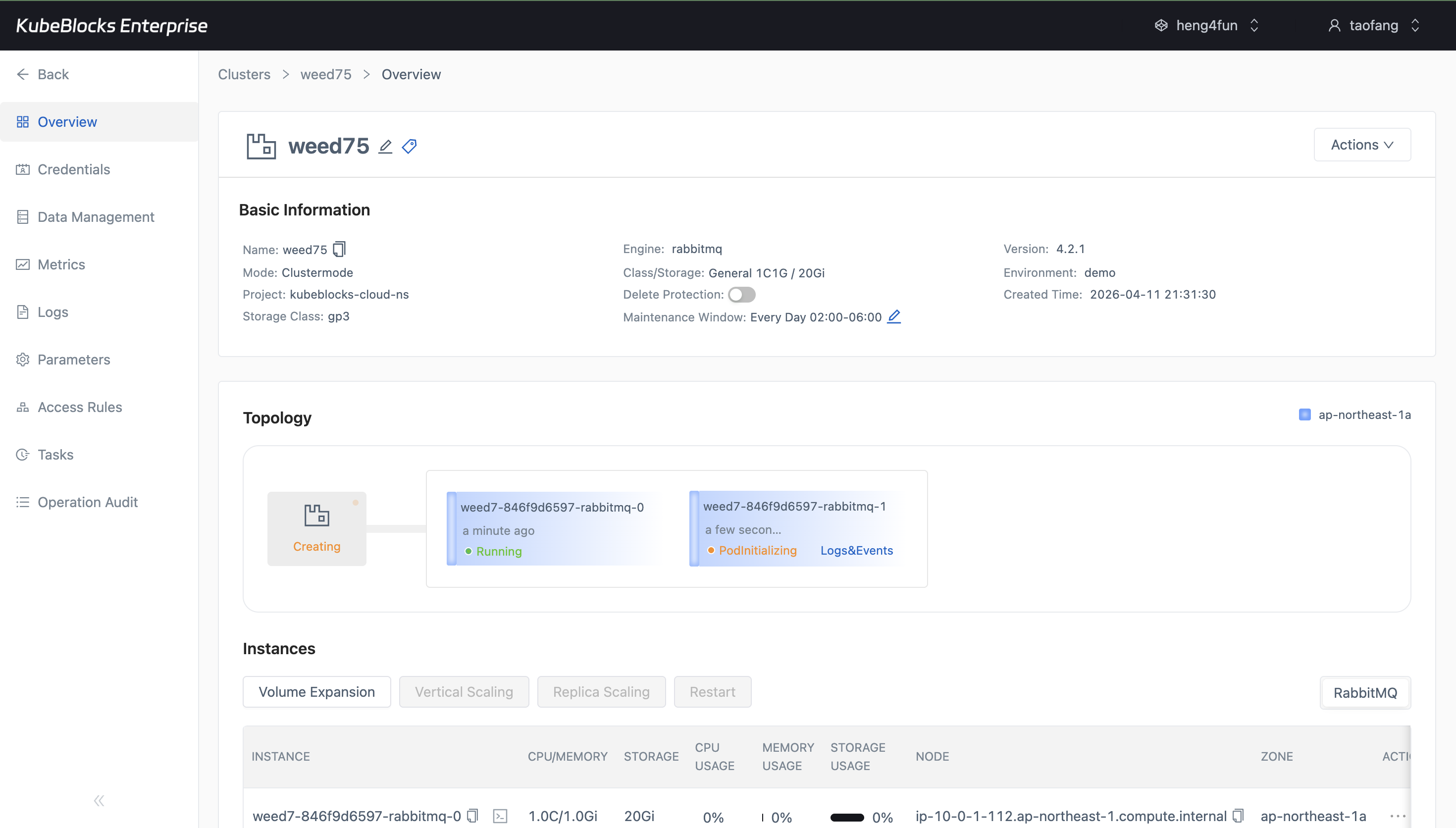 KubeBlocks Enterprise RabbitMQ overview showing a newly created RabbitMQ cluster in Running state