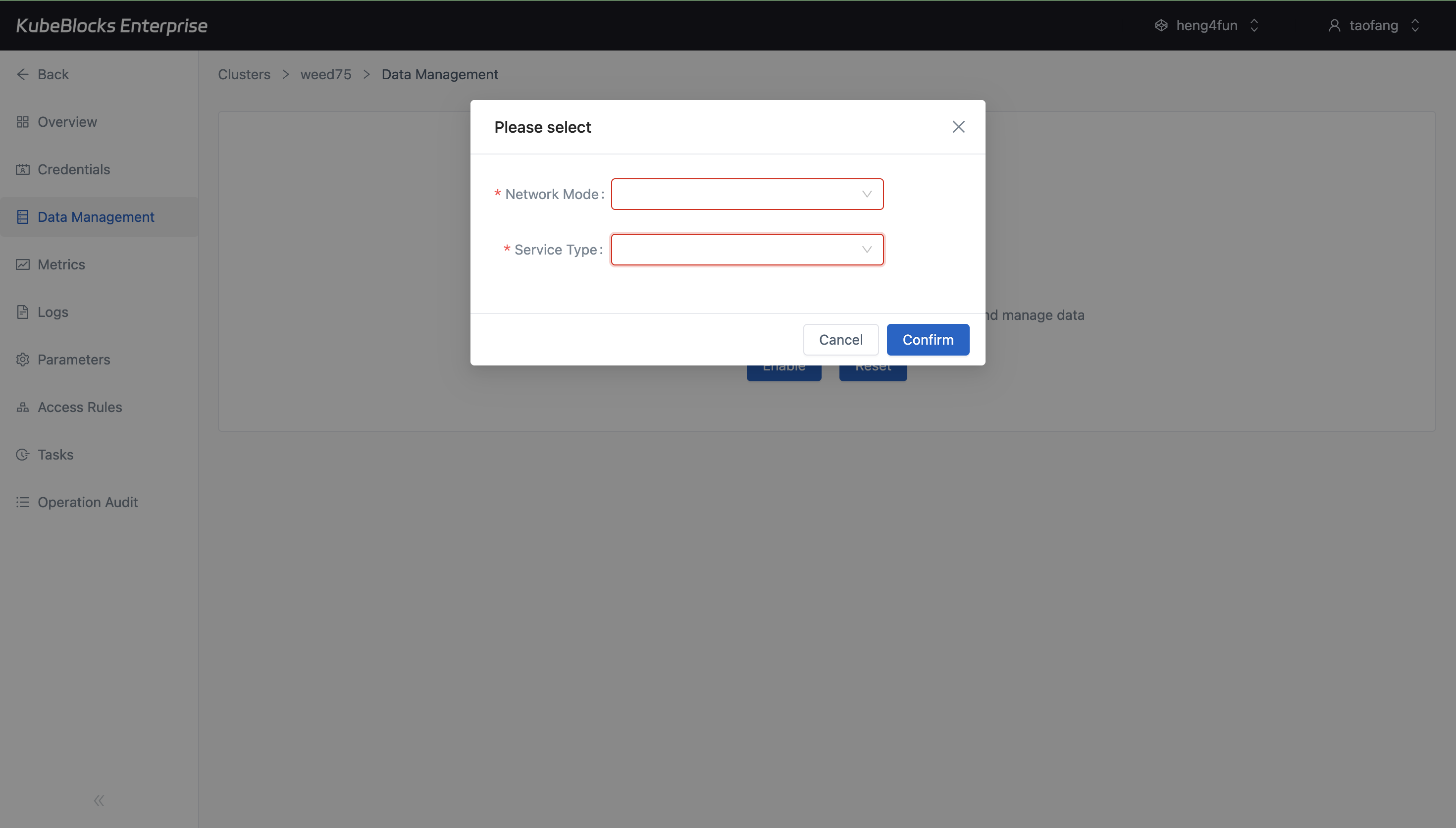 KubeBlocks Enterprise RabbitMQ Data Management enable dialog showing empty selectors