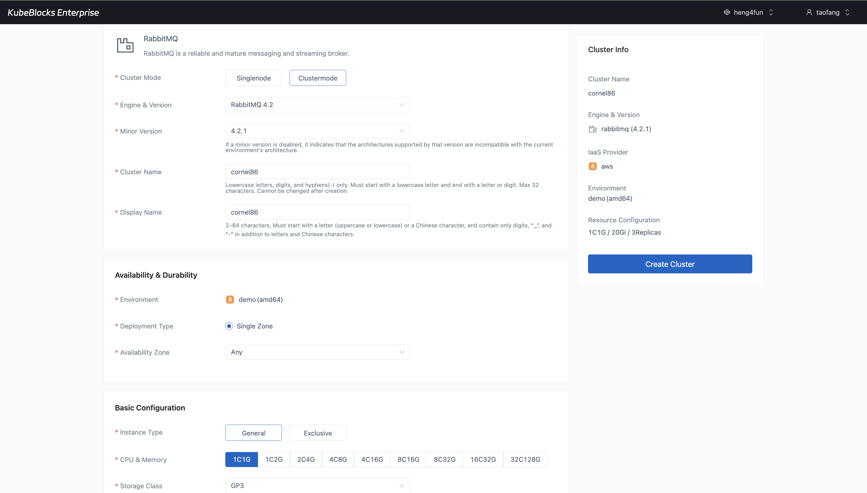KubeBlocks Enterprise RabbitMQ create wizard showing clustered topology, version, compute, and storage options