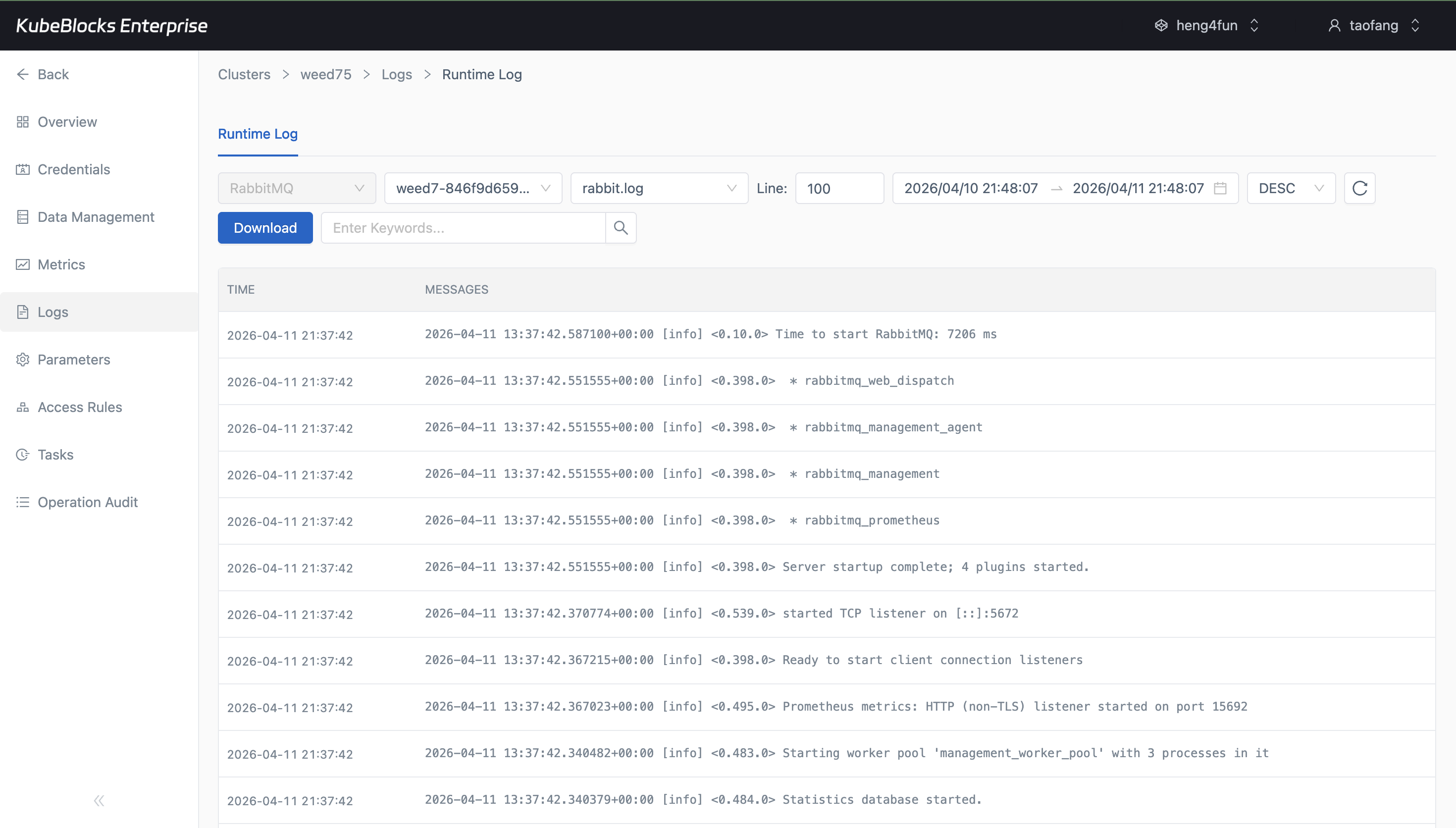 KubeBlocks Enterprise RabbitMQ Runtime Log page showing RabbitMQ startup logs