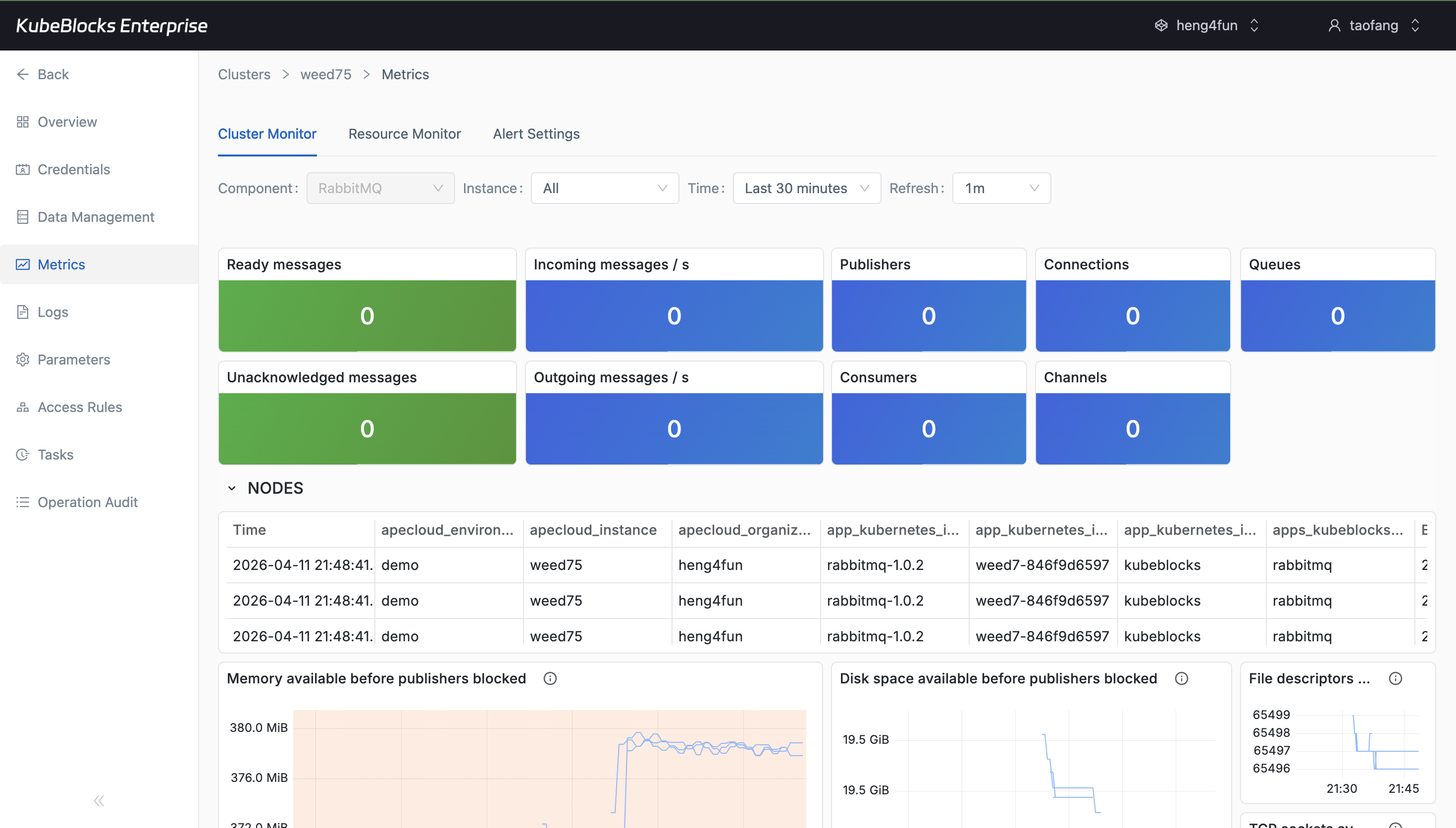 KubeBlocks Enterprise RabbitMQ metrics page showing hydrated Cluster Monitor charts