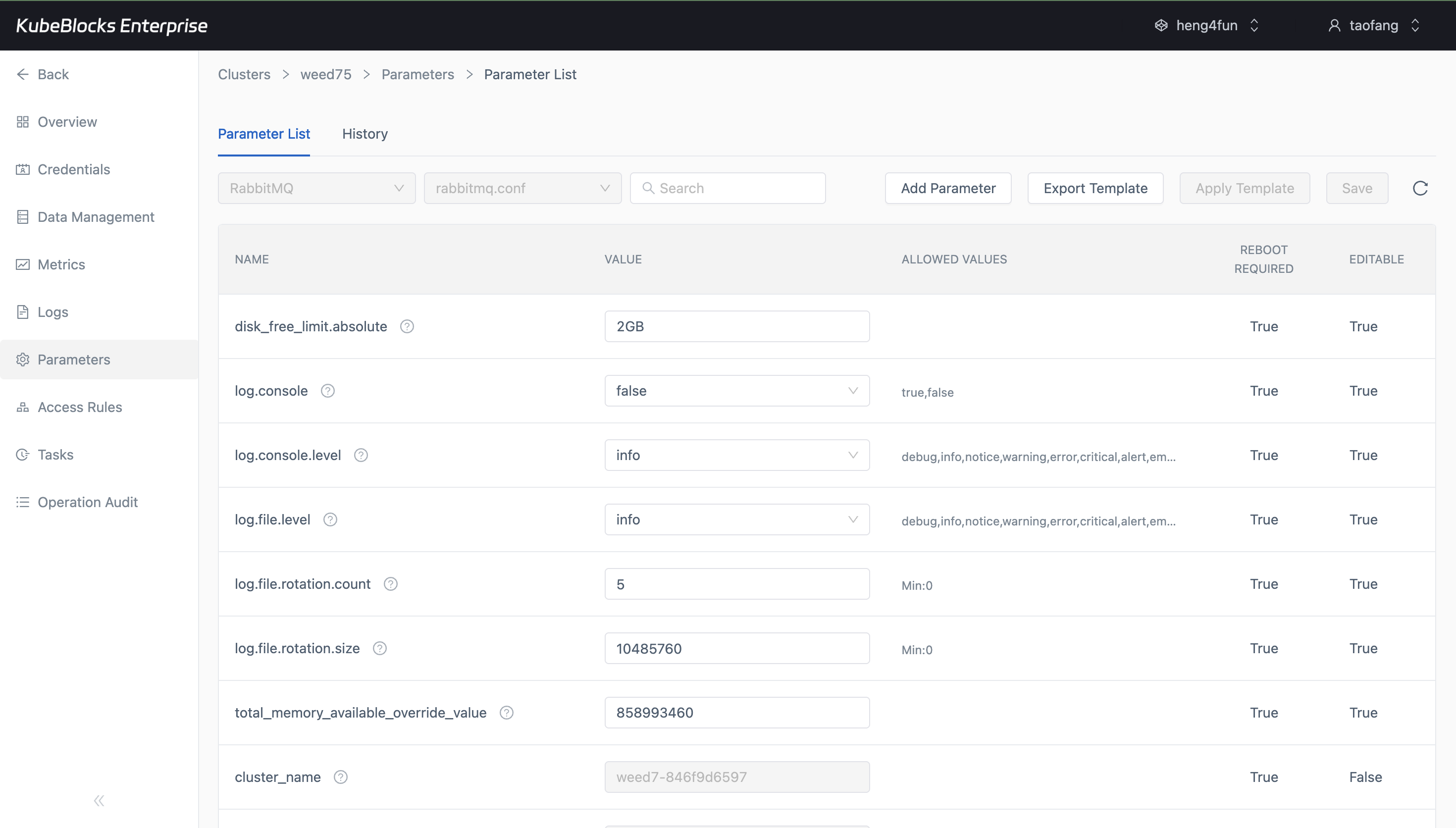 KubeBlocks Enterprise RabbitMQ Parameters page showing editable rabbitmq.conf settings