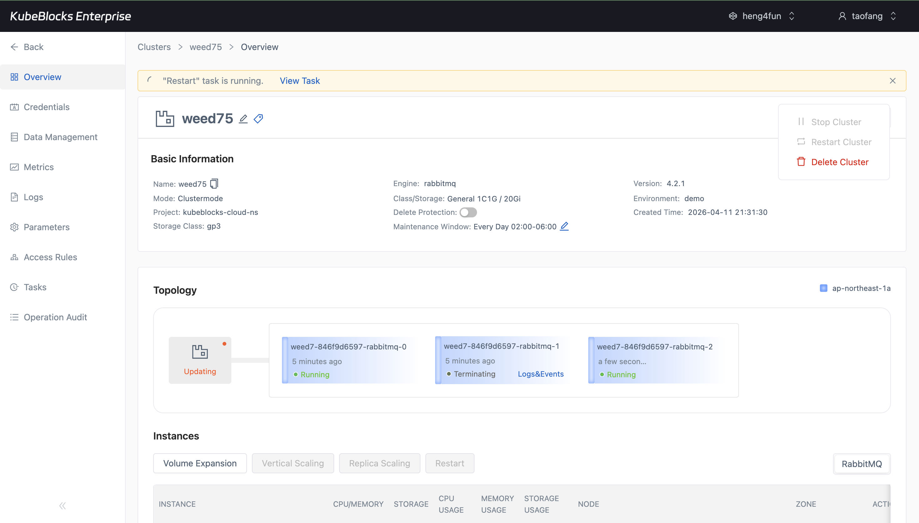 KubeBlocks Enterprise RabbitMQ overview showing a restart task in progress