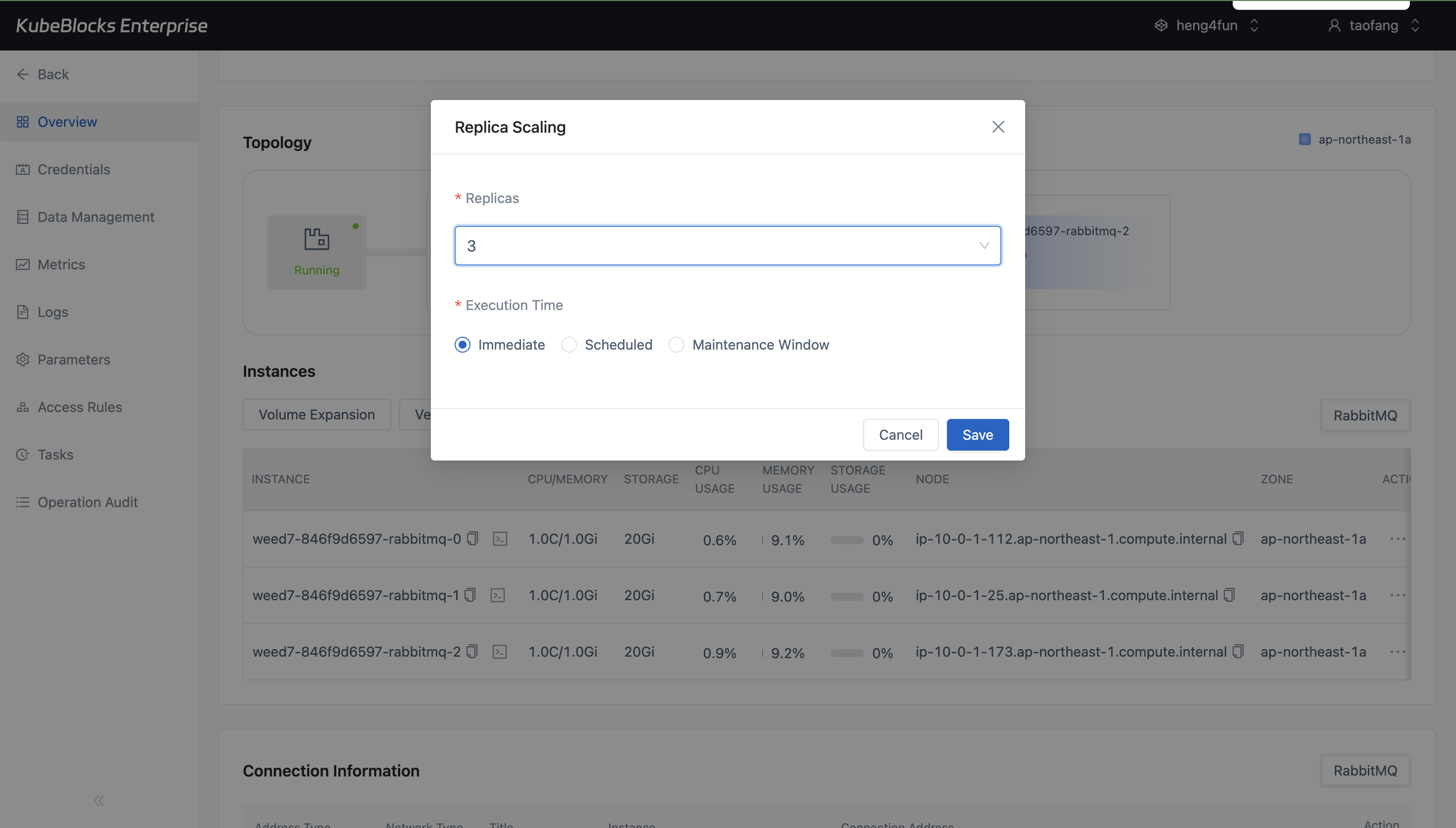 KubeBlocks Enterprise RabbitMQ Replica Scaling dialog showing the replica selector pinned at 3
