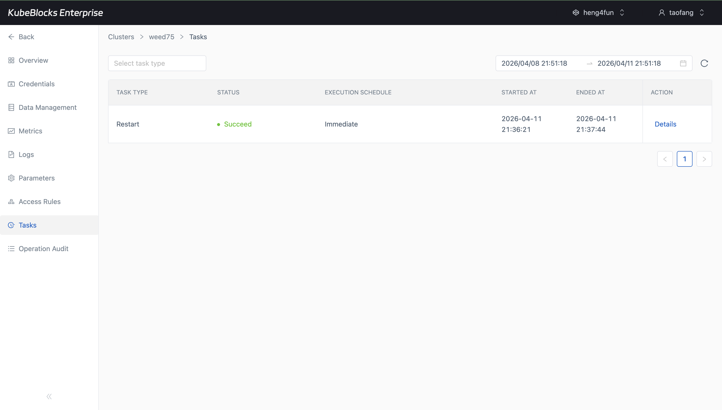 KubeBlocks Enterprise RabbitMQ tasks page showing restart task history