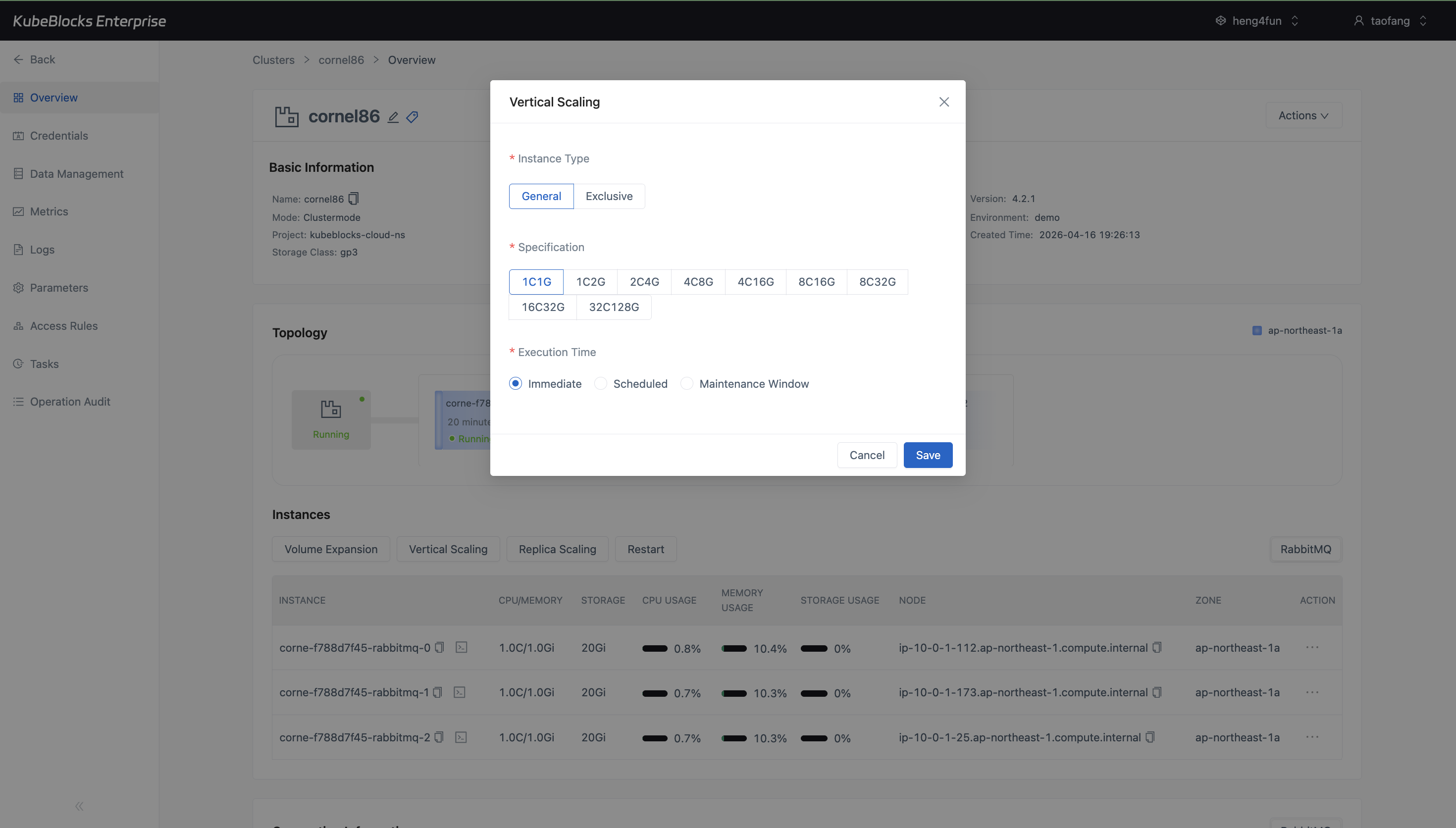 KubeBlocks Enterprise RabbitMQ Vertical Scaling dialog showing CPU and memory specification options