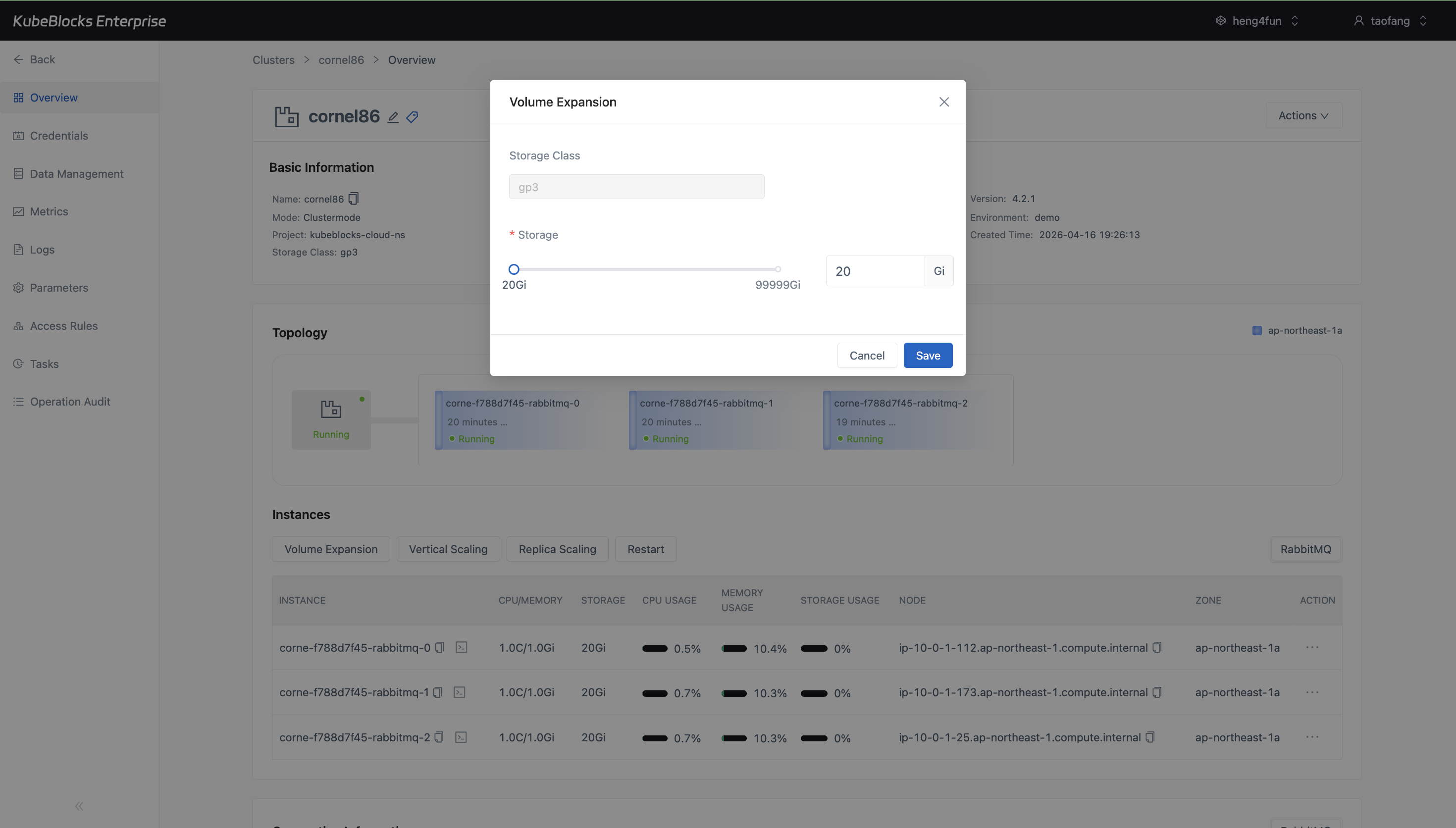 KubeBlocks Enterprise RabbitMQ Volume Expansion dialog showing storage capacity controls