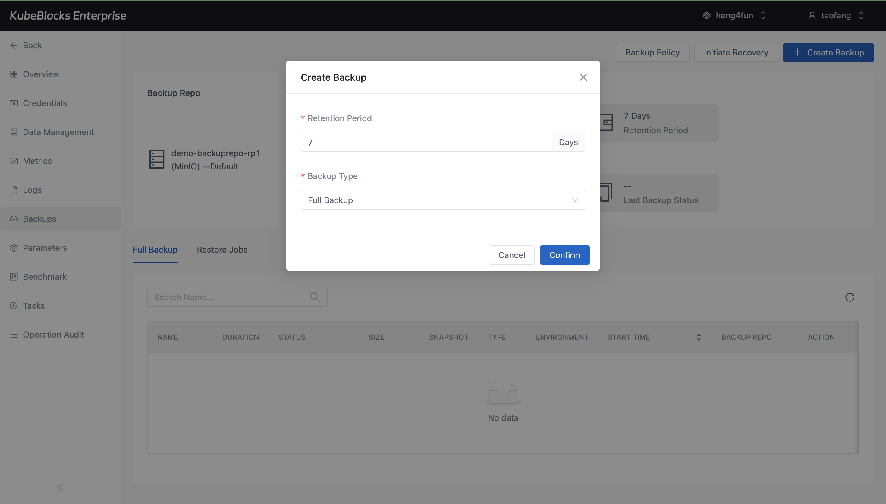 KubeBlocks Enterprise Redis backup dialog showing backup settings