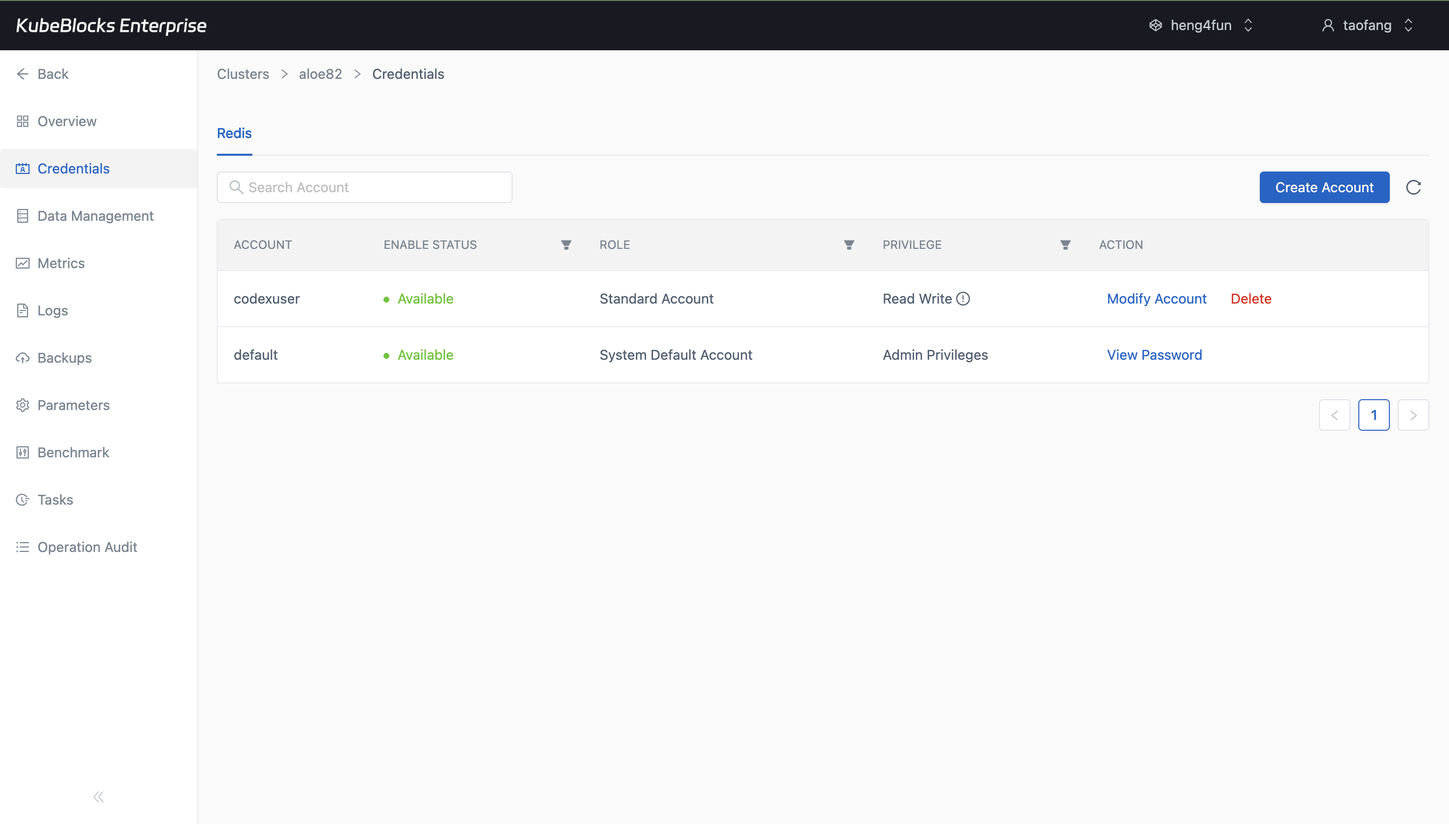 KubeBlocks Enterprise Redis credentials page showing a created ACL user