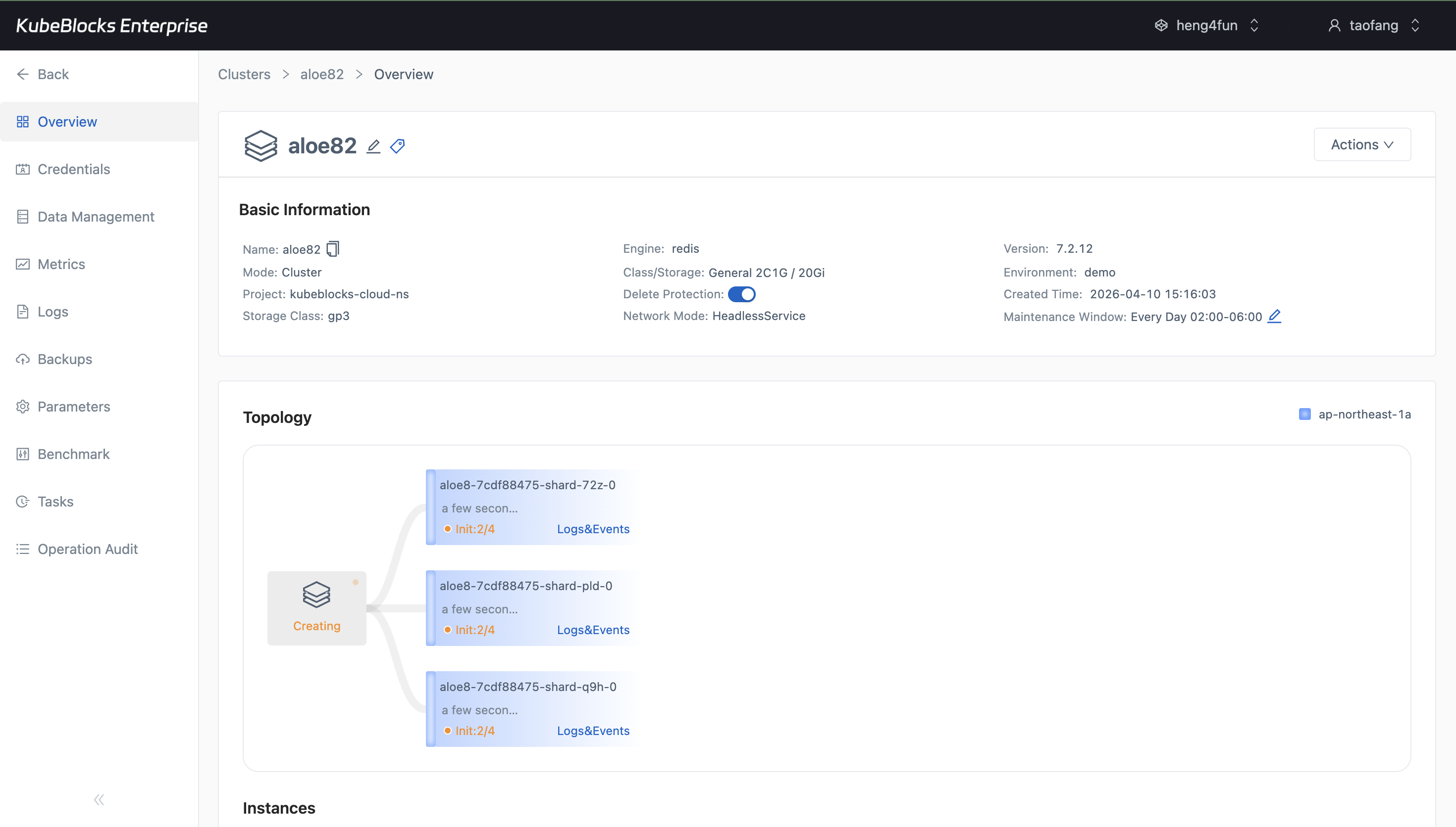 KubeBlocks Enterprise Redis overview showing the newly created cluster topology and status