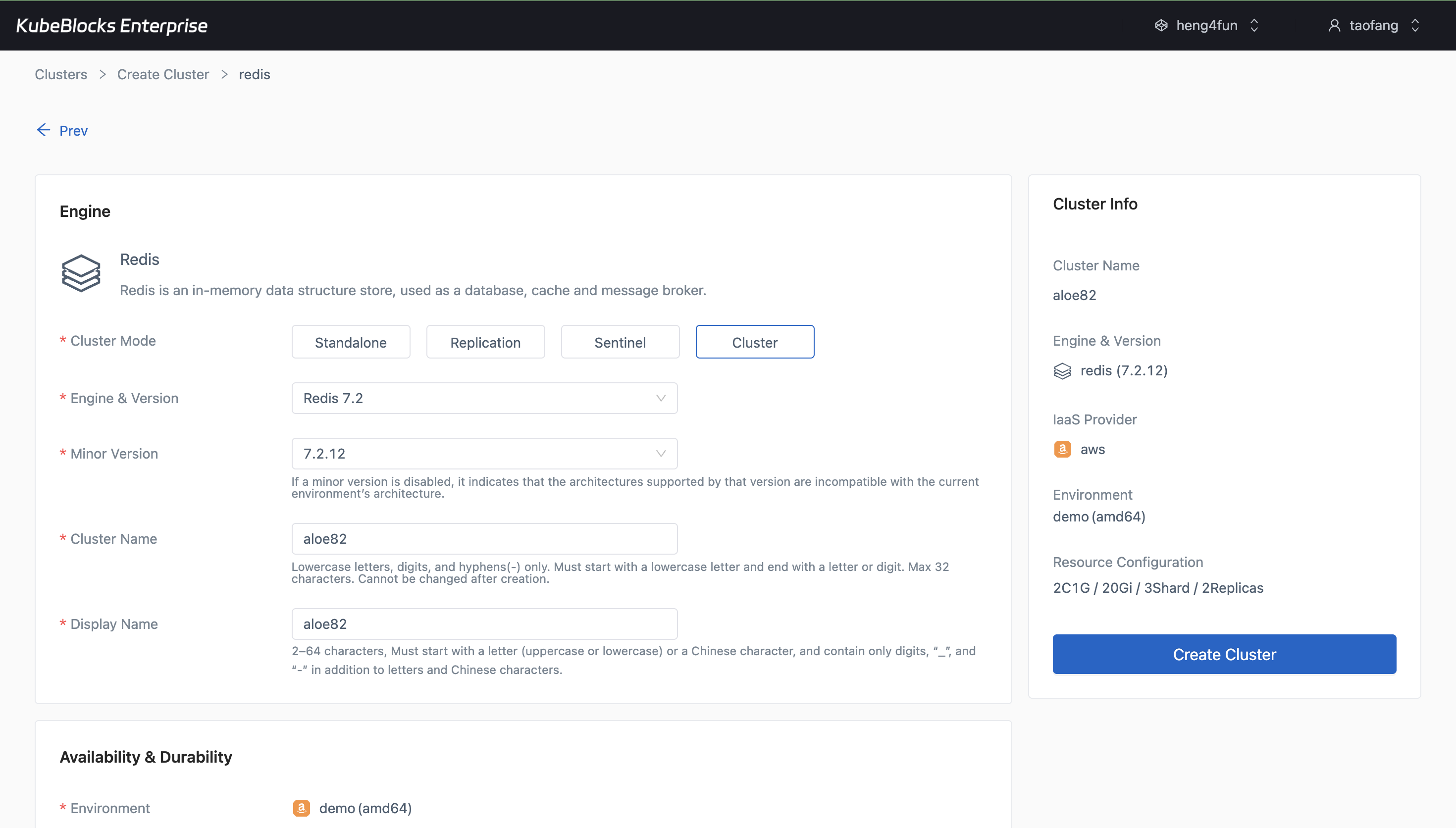 KubeBlocks Enterprise Redis create wizard showing version, topology, and resource settings