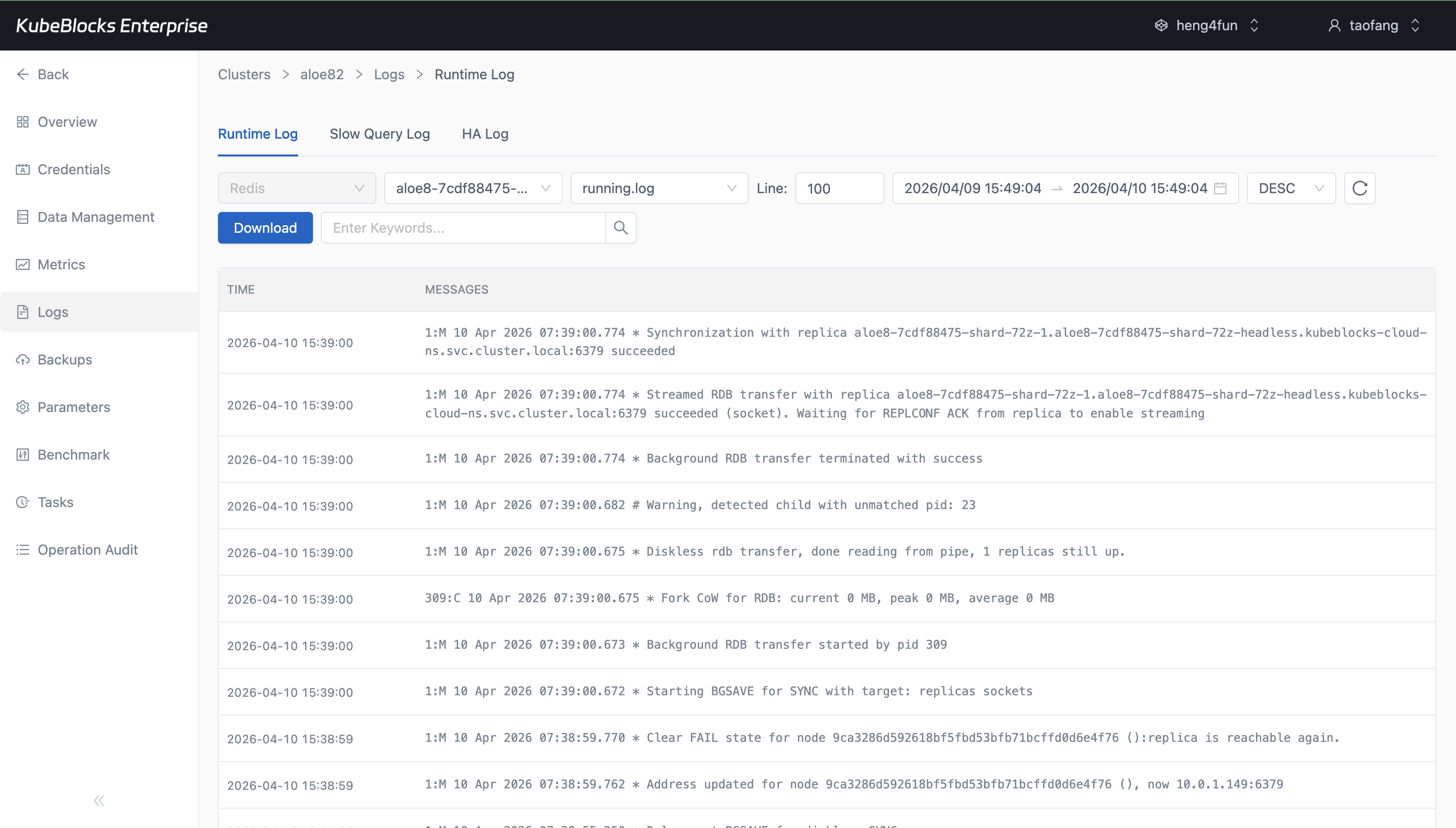 KubeBlocks Enterprise Redis logs page showing runtime log output
