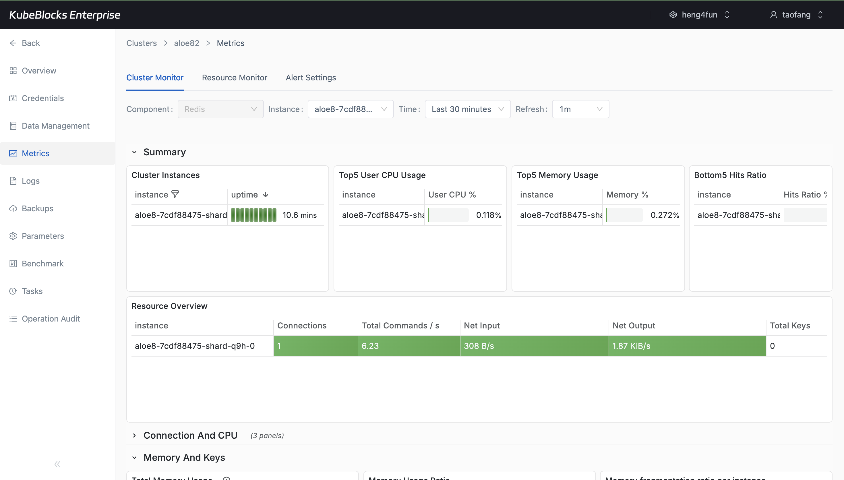 KubeBlocks Enterprise Redis metrics dashboard showing Redis health and resource charts