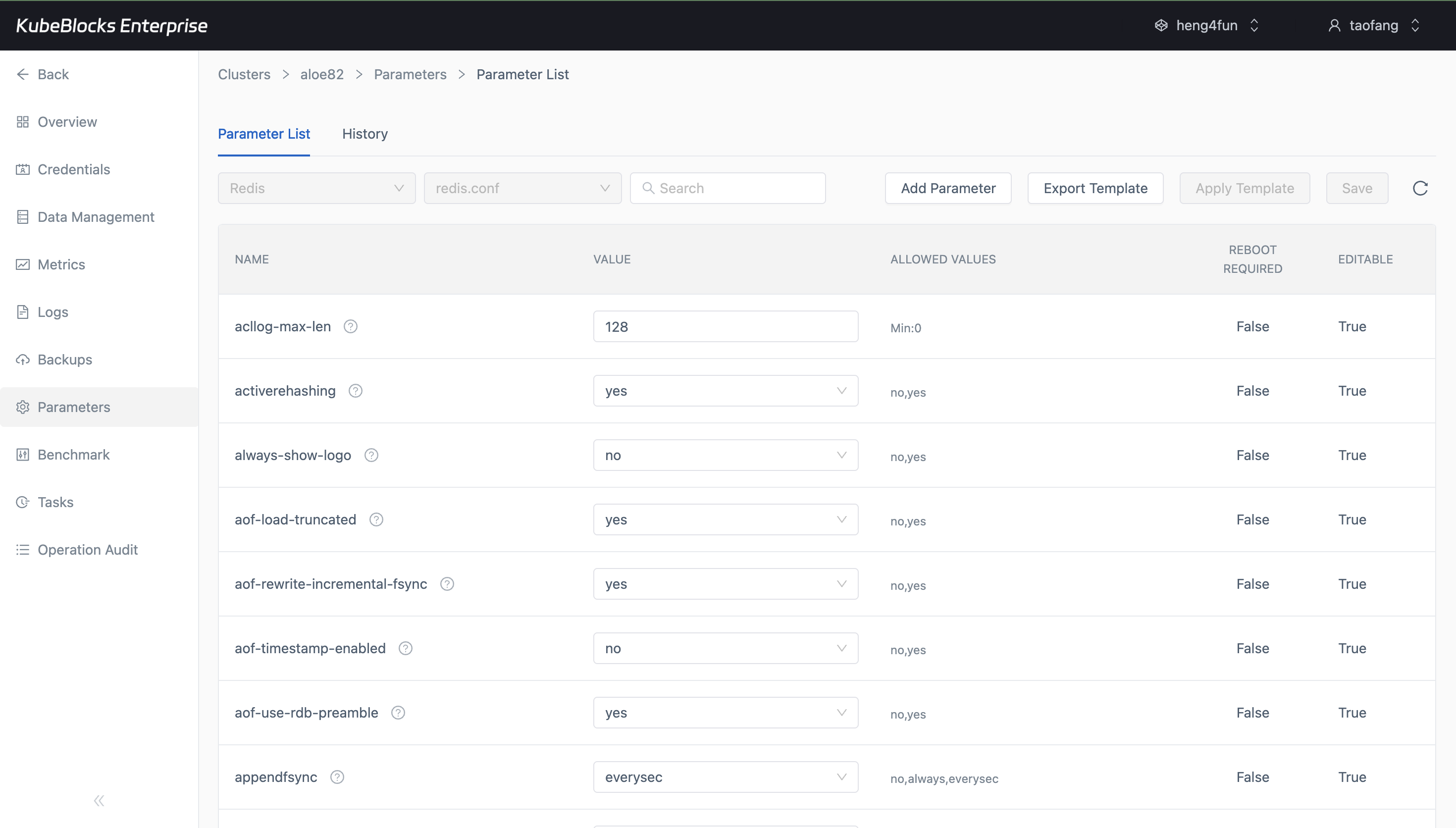 KubeBlocks Enterprise Redis parameters page showing Redis configuration values